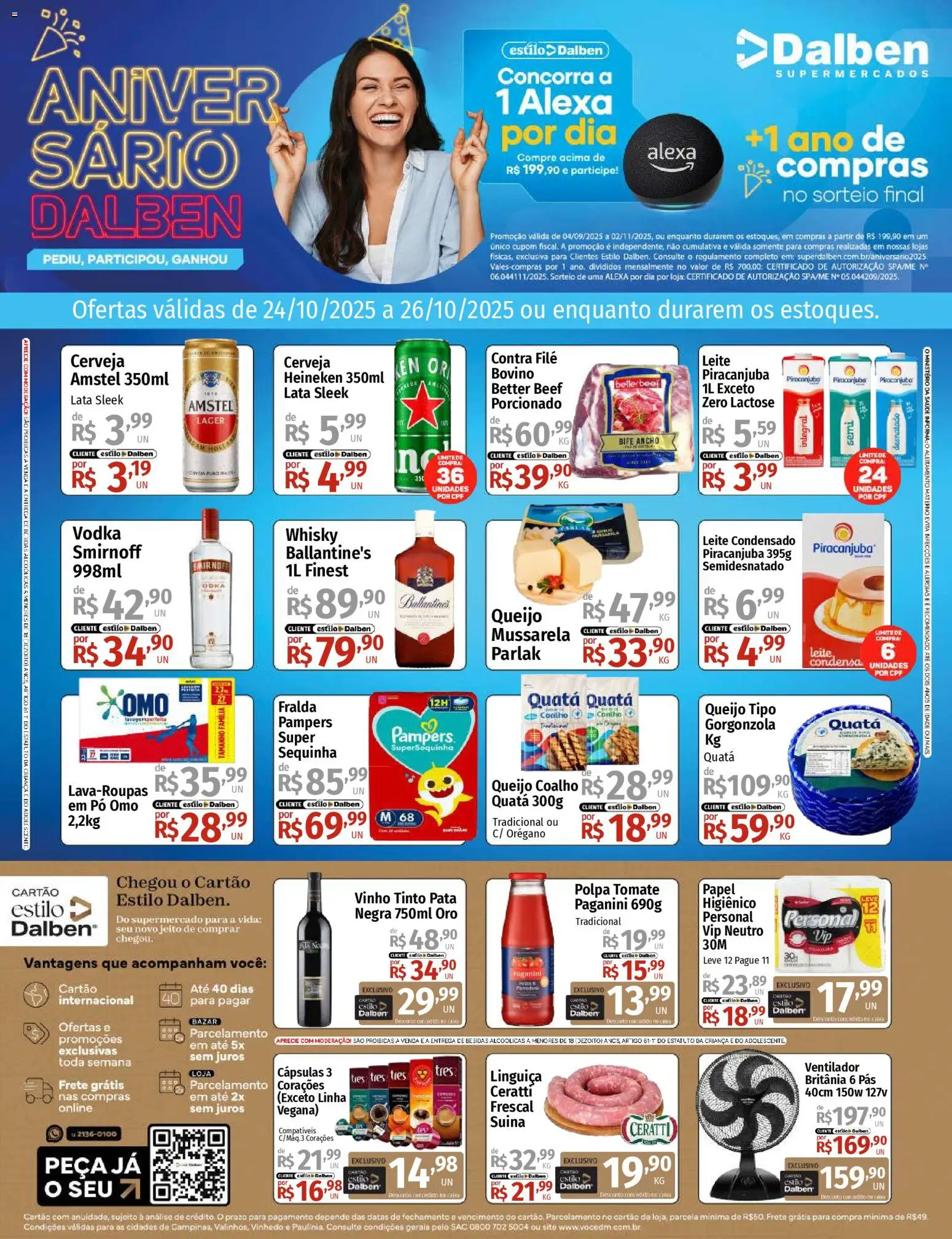 Supermercado Dalben Folheto - válido de 24.10.2025 | Página: 1 | Produtos: Ventilador, Pampers, Contra filé, Heineken