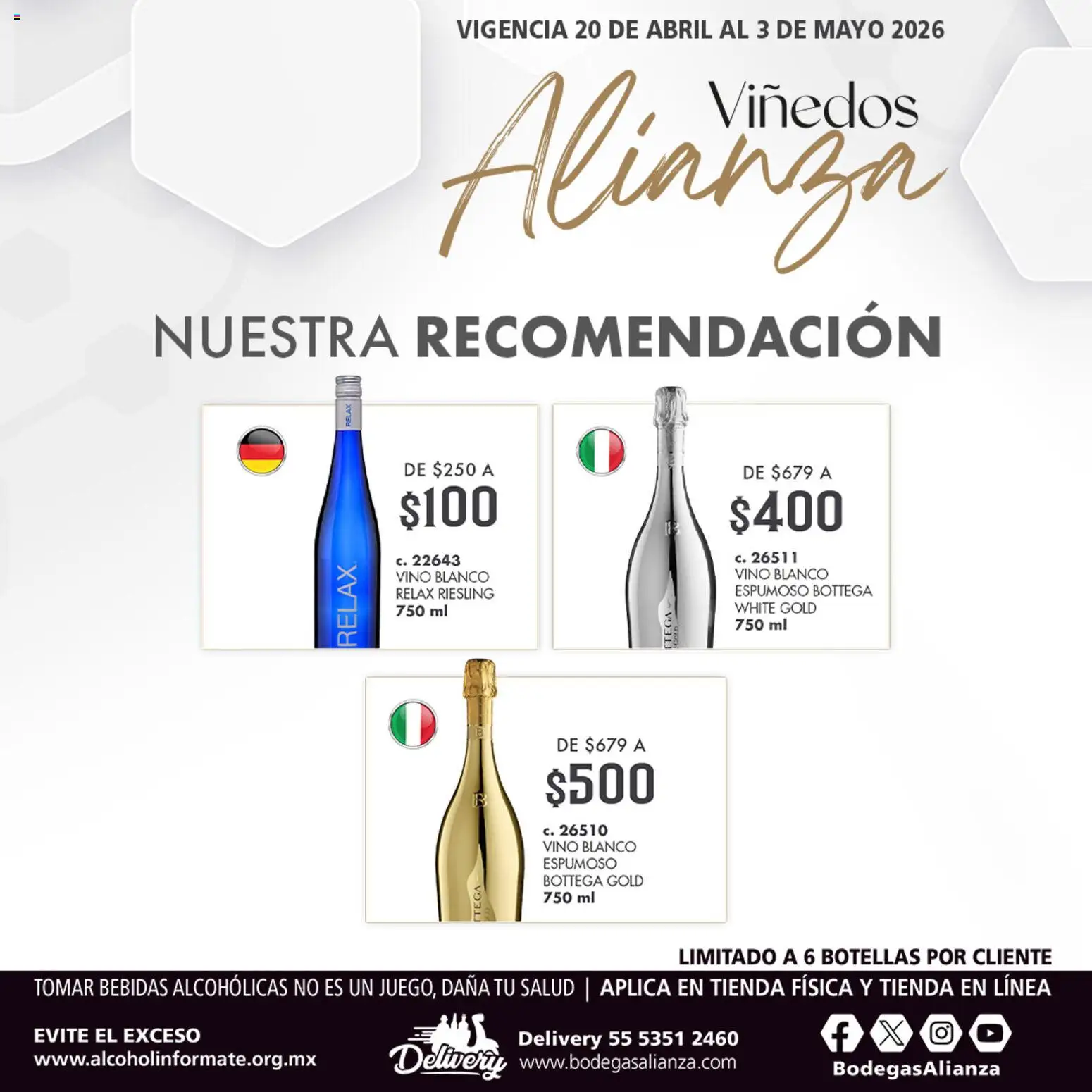 Nuevas ofertas de Bodegas Alianza válidas en toda la República Mexicana desde el 20.04.2026. ¡Encuentra las mejores ofertas en Bodegas Alianza catálogo Viñedos Alianza! | Página: 3 | Productos: Vino