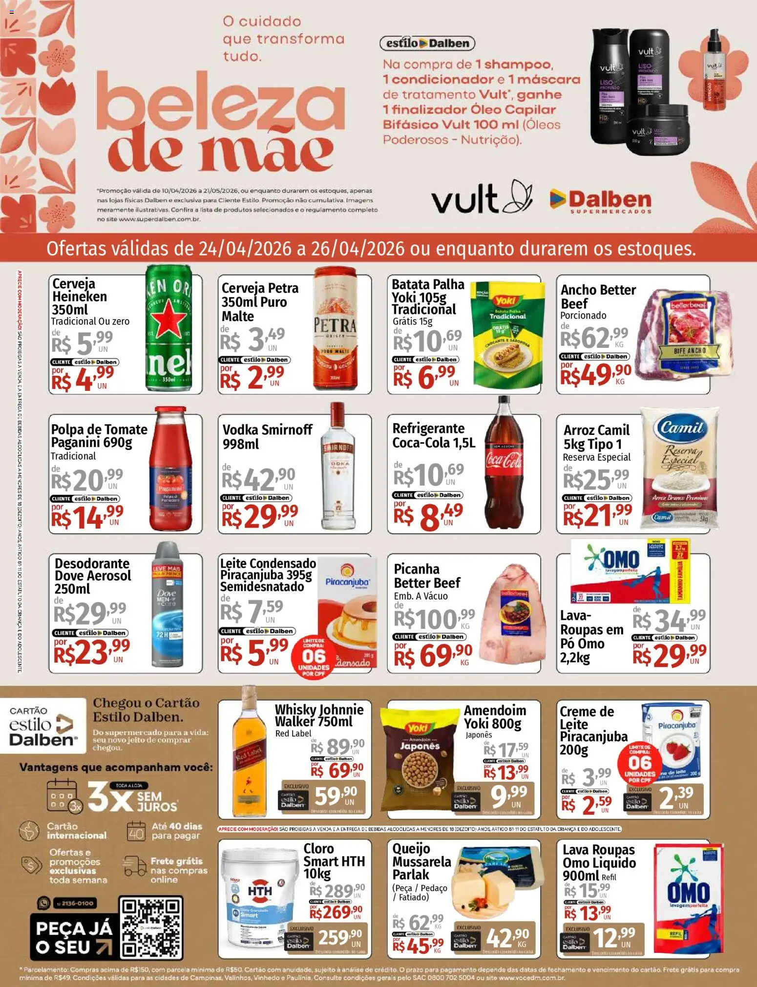 Supermercado Dalben Folheto - válido de 24.04.2026 | Página: 1 | Produtos: Cloro, Leite, Vodka, Creme de leite