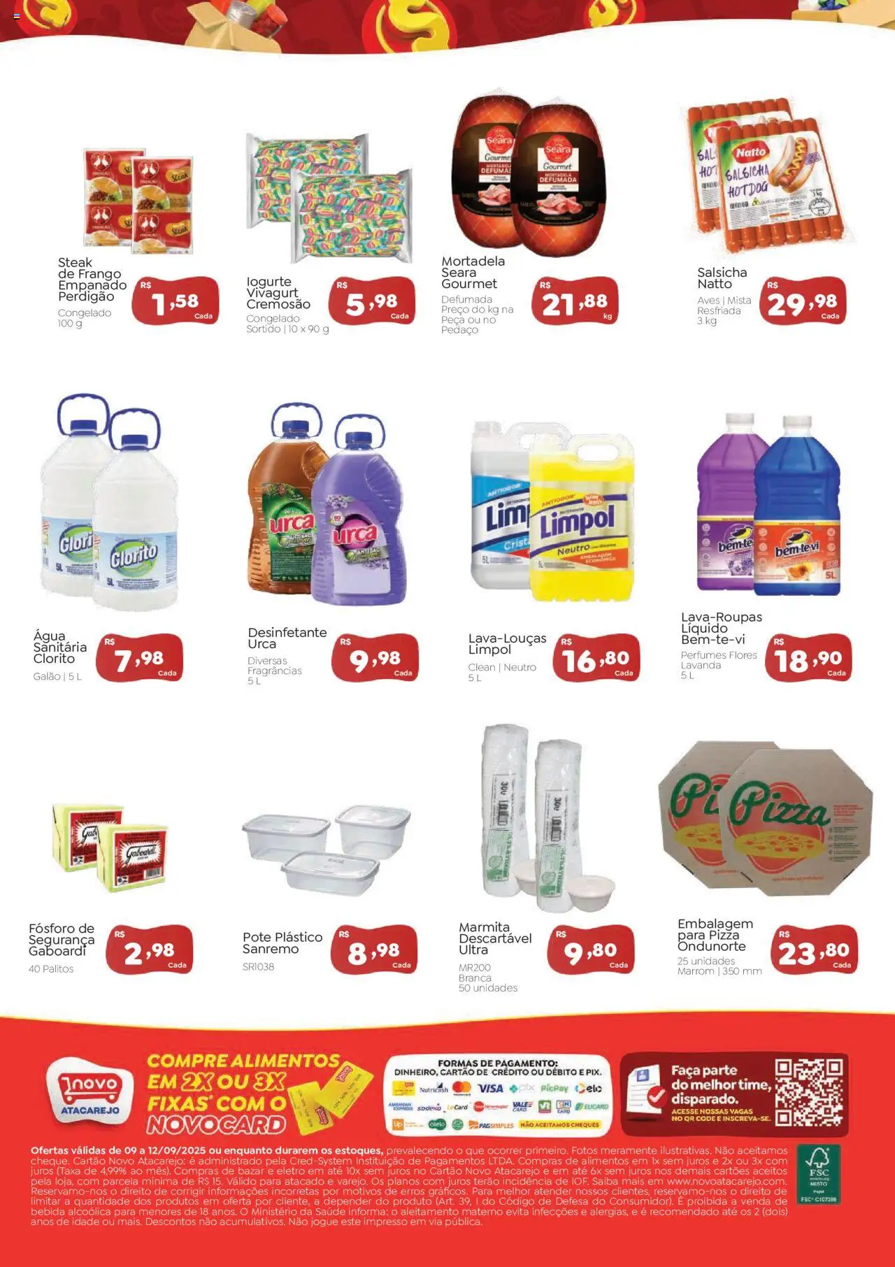 Novo Atacarejo Folheto - válido de 09.09.2025 | Página: 2 | Produtos: Pizza, Mortadela, Frango, Desinfetante