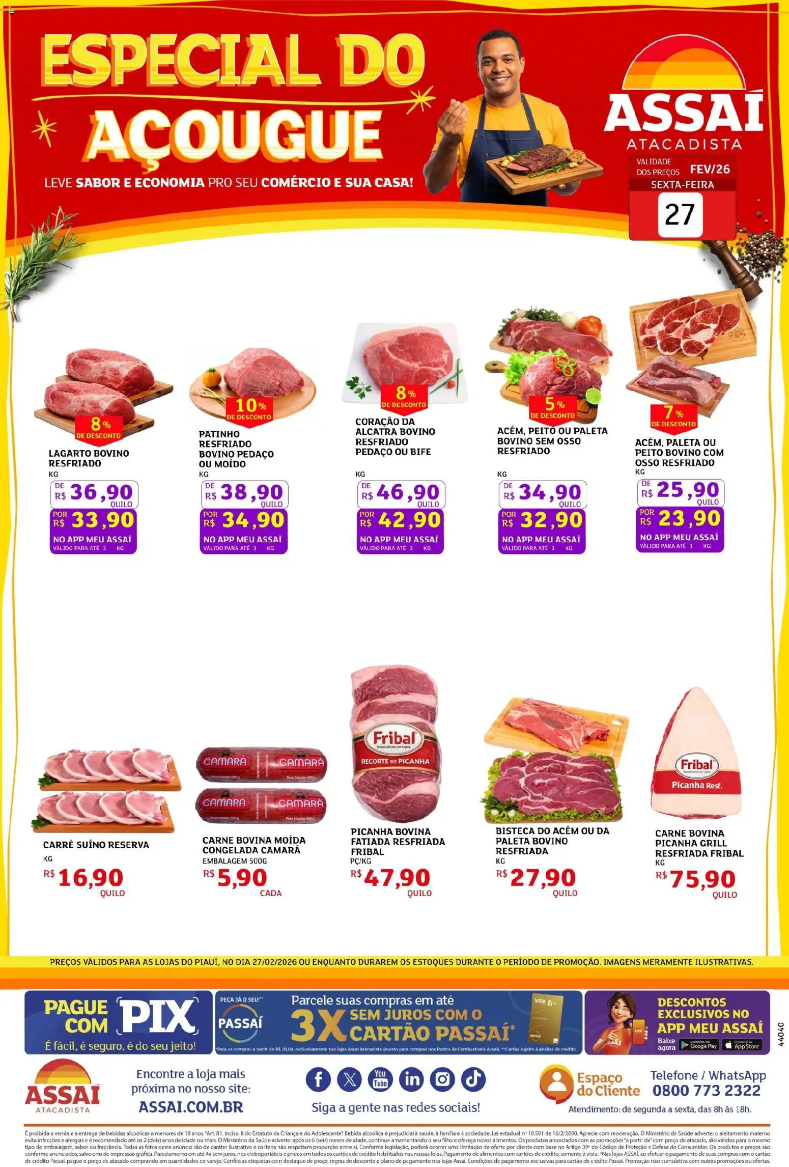 Assaí Atacadista Folheto - válido de 27.02.2026 | Página: 1 | Produtos: Acém, Alcatra, Bebida, Telefone