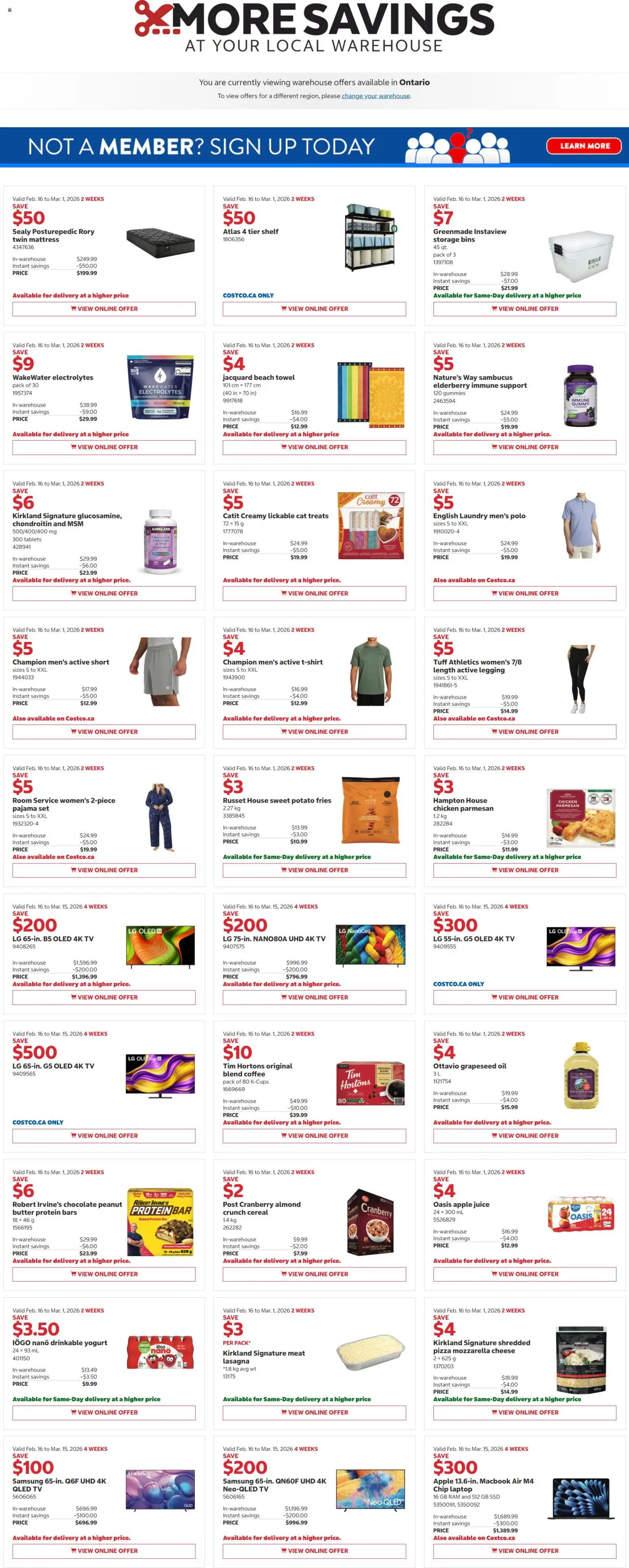 Costco flyer valid from 16.02.2026 | Page: 1 | Products: Tv, Mattress, Coffee, Chicken