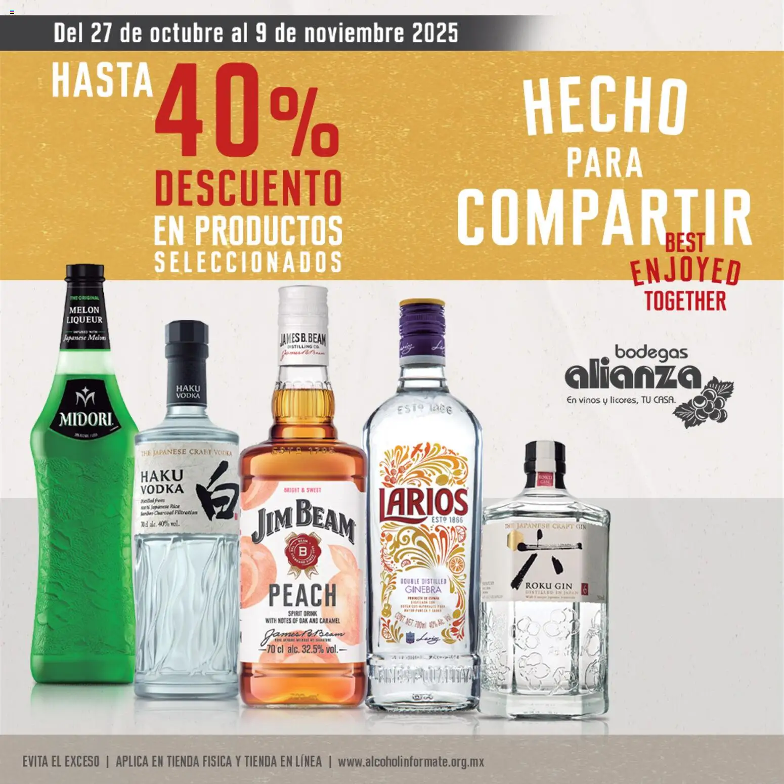Nuevas ofertas de Bodegas Alianza válidas en toda la República Mexicana desde el 27.10.2025. ¡Encuentra las mejores ofertas en Bodegas Alianza catálogo Hecho Para Compartir! | Página: 1 | Productos: Melón, Gin, Ginebra, Vodka