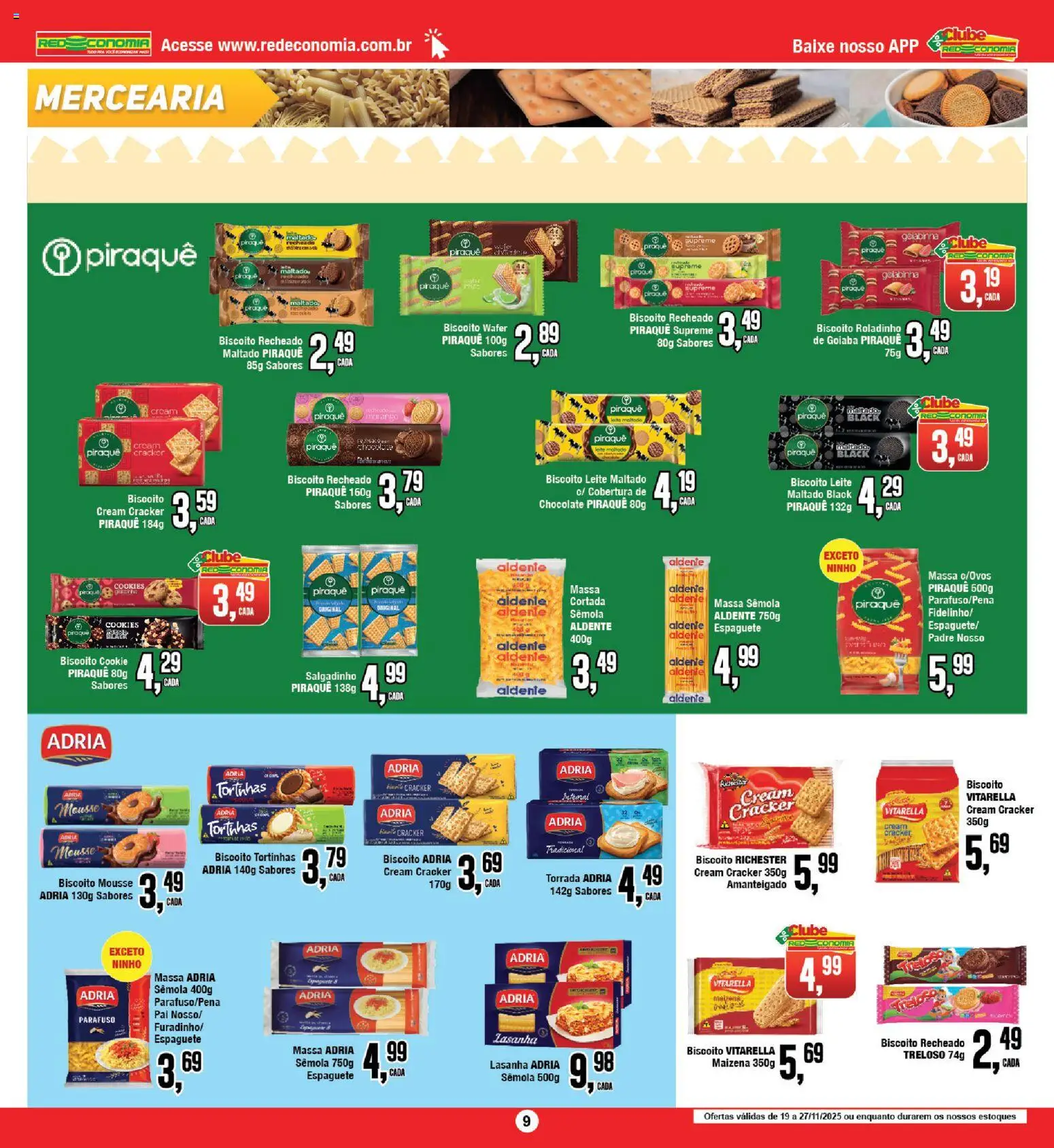 RedEconomia Folheto - válido de 19.11.2025 | Página: 9 | Produtos: Mousse, Espaguete, Leite, Biscoito recheado