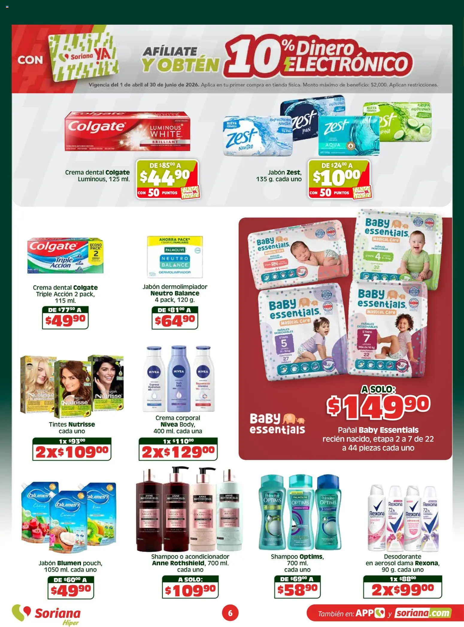 Nuevas ofertas de Soriana válidas en toda la República Mexicana desde el 15.04.2026. ¡Encuentra las mejores ofertas en Soriana folleto! | Página: 6 | Productos: Crema, Pañales, Acondicionador, Jabón