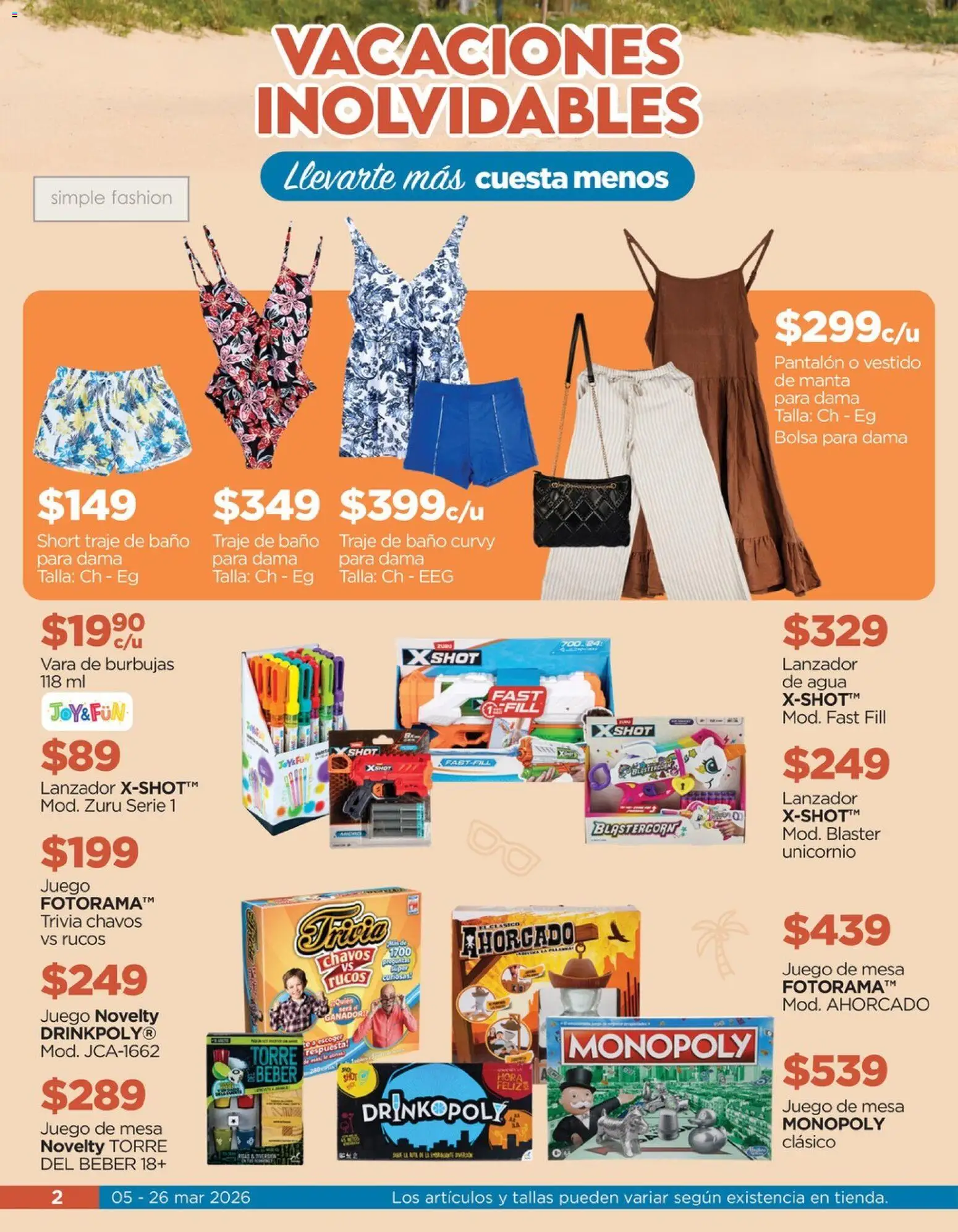 Nuevas ofertas de Chedraui válidas en toda la República Mexicana desde el 05.03.2026. ¡Encuentra las mejores ofertas en Chedraui folleto Vacaciones inolvidables! | Página: 2 | Productos: Bolsa, Juego, Vestido, Traje de baño