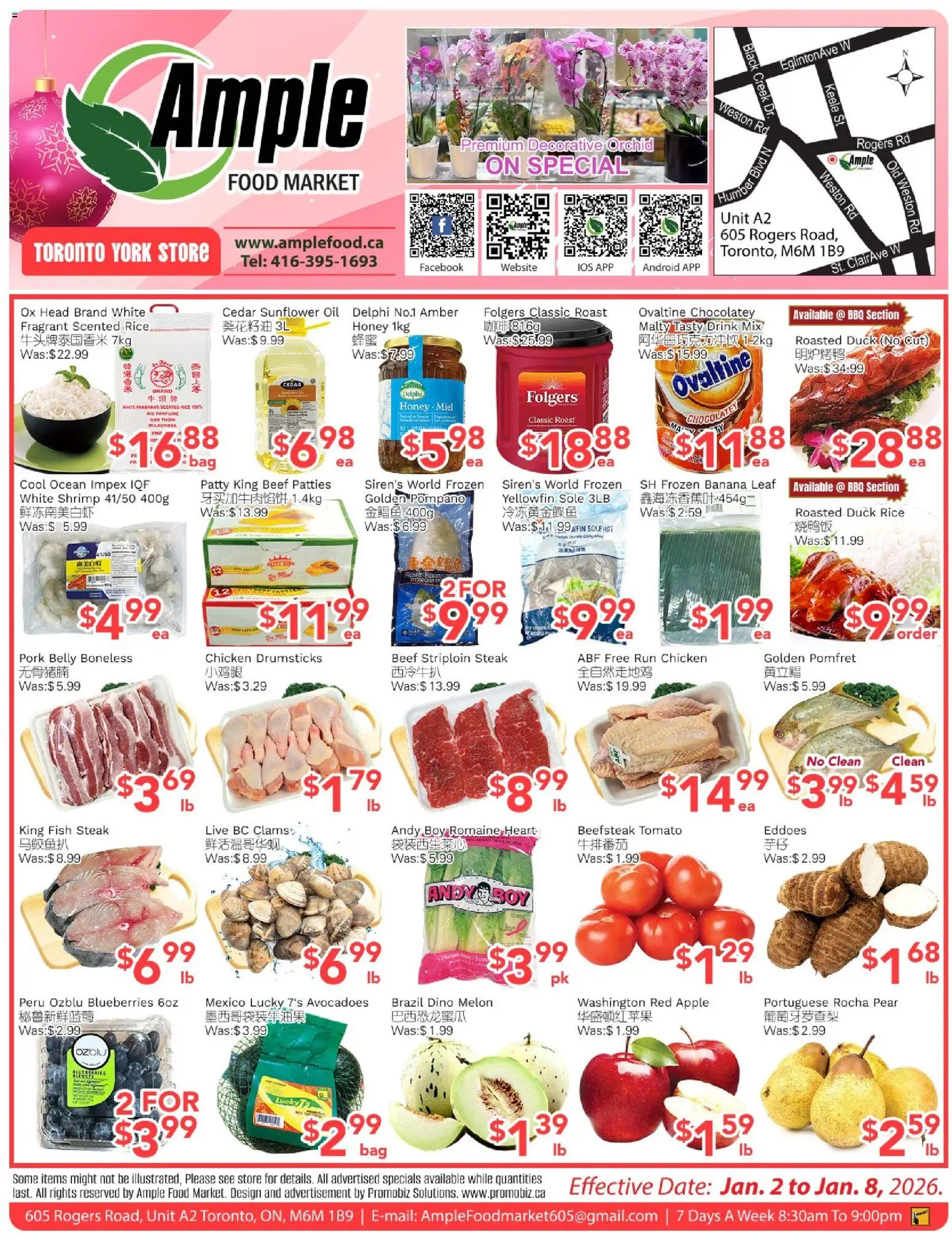 Ample Food Market flyer valid from 02.01.2026 | Page: 1 | Products: Fish, Beef, Bag, Oil