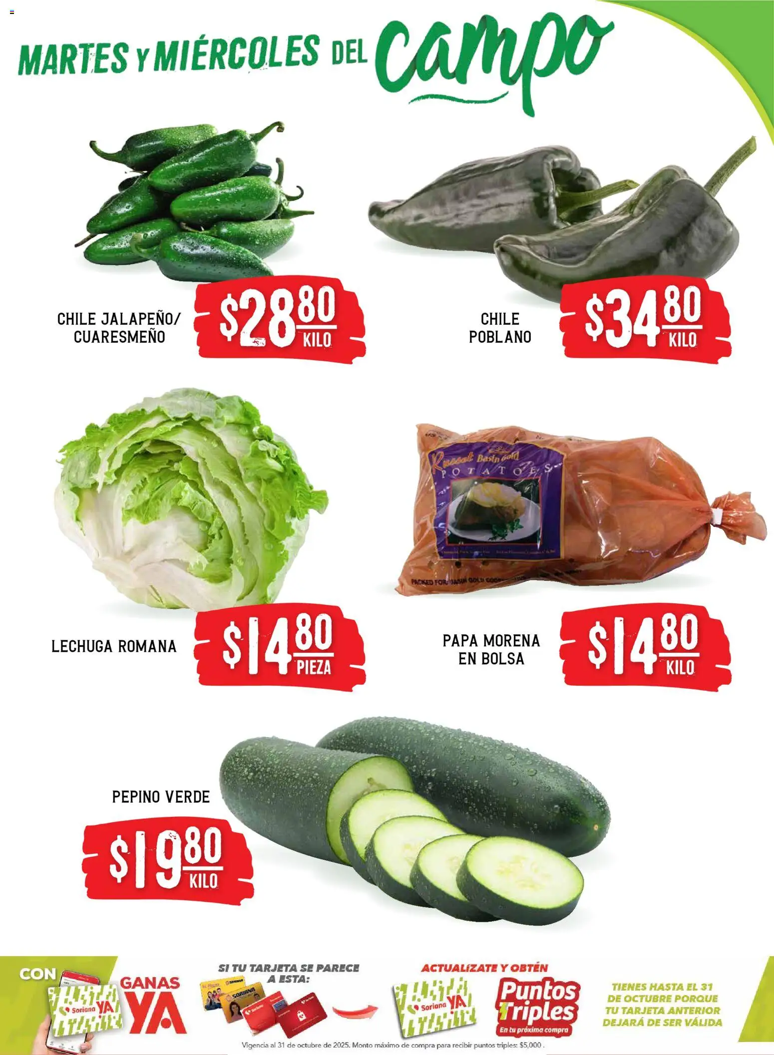 Nuevas ofertas de Soriana válidas en toda la República Mexicana desde el 28.10.2025. ¡Encuentra las mejores ofertas en Soriana - Martes y Miércoles del Campo Híper: Saltillo y Torreón! | Página: 3 | Productos: Papa, Bolsa, Lechuga