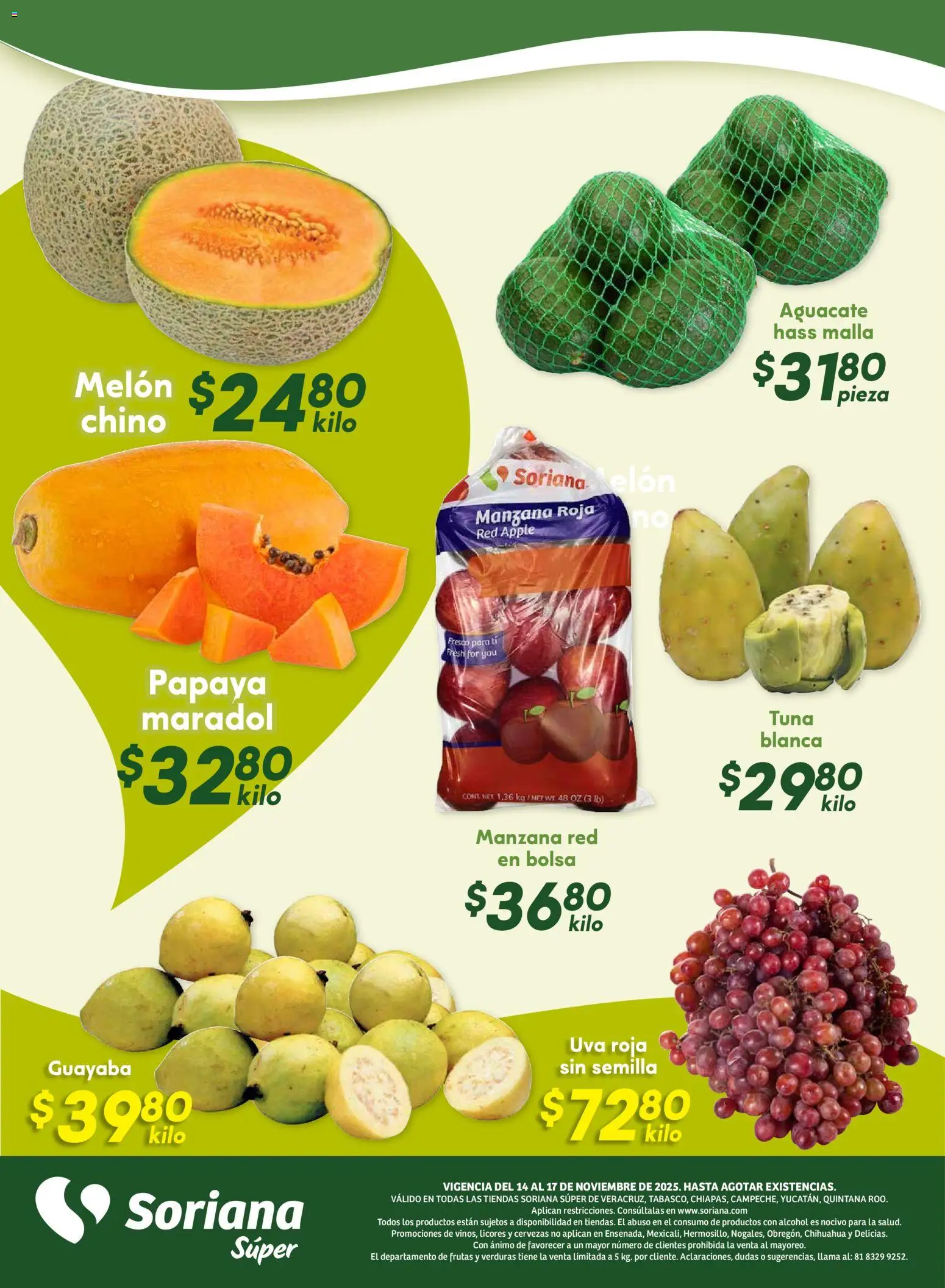 Nuevas ofertas de Soriana válidas en toda la República Mexicana desde el 13.11.2025. ¡Encuentra las mejores ofertas en Soriana - Ahorratón Súper: Ver, Tab, Chis, Camp, Yuc y Q. Roo! | Página: 8 | Productos: Melón, Manzana, Uva, Malla