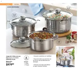 Vista previa de Juego de 3 ollas con asa inox Acero inoxidable. (200320) 93 pts, Juego de 3 ollas con asa inox Acero inoxidable. Incluye: 3 Ollas y 3 Tapas. Asa para sujetarlas con facilidad. Tapas de vidrio que permiten ver la cocción de tus alimentos sin destapar. Válvulas en la tapa para liberar el vapor mientras cocinas., nuevo folleto de la tienda, válido en México a partir del 10.01.2026 | Página: 70