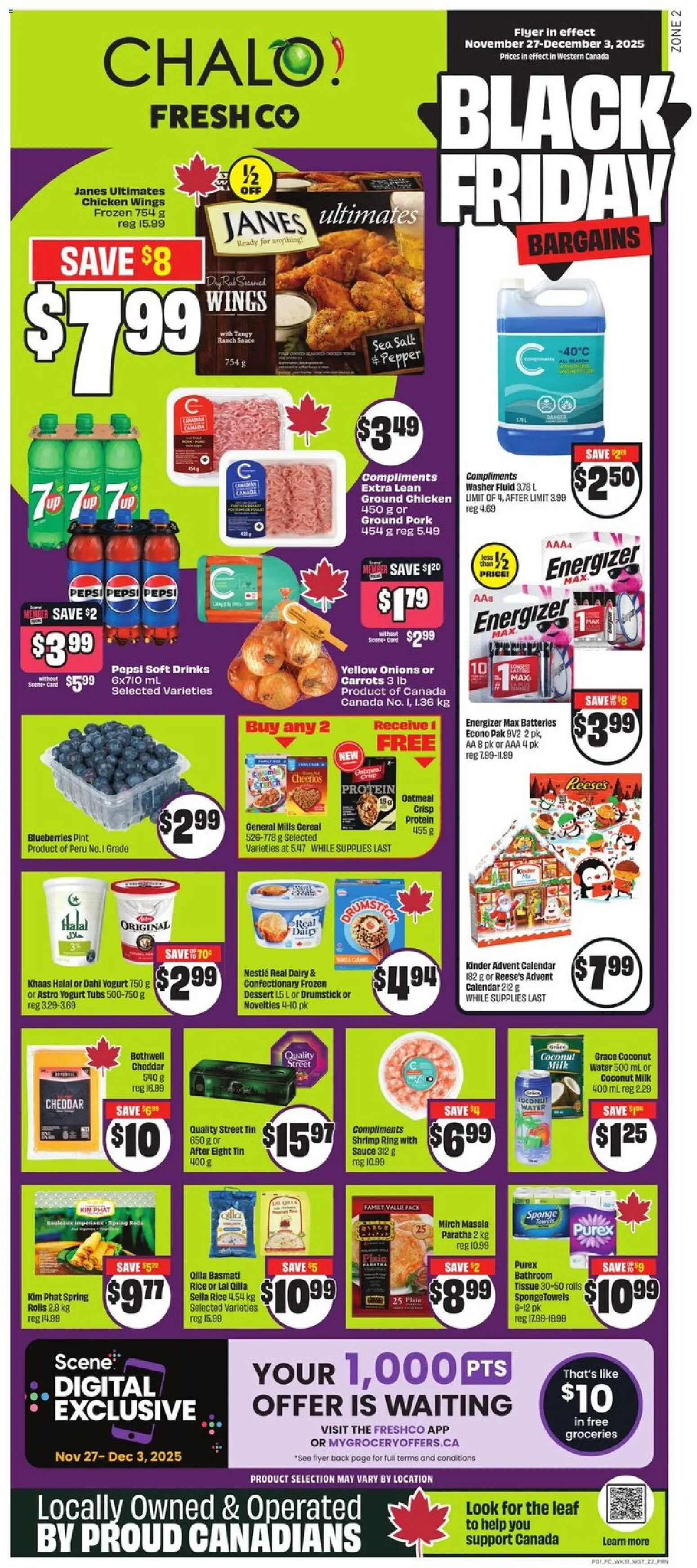 FreshCo flyer valid from 27.11.2025 | Page: 1 | Products: Sponge, Milk, Yogurt, Chicken