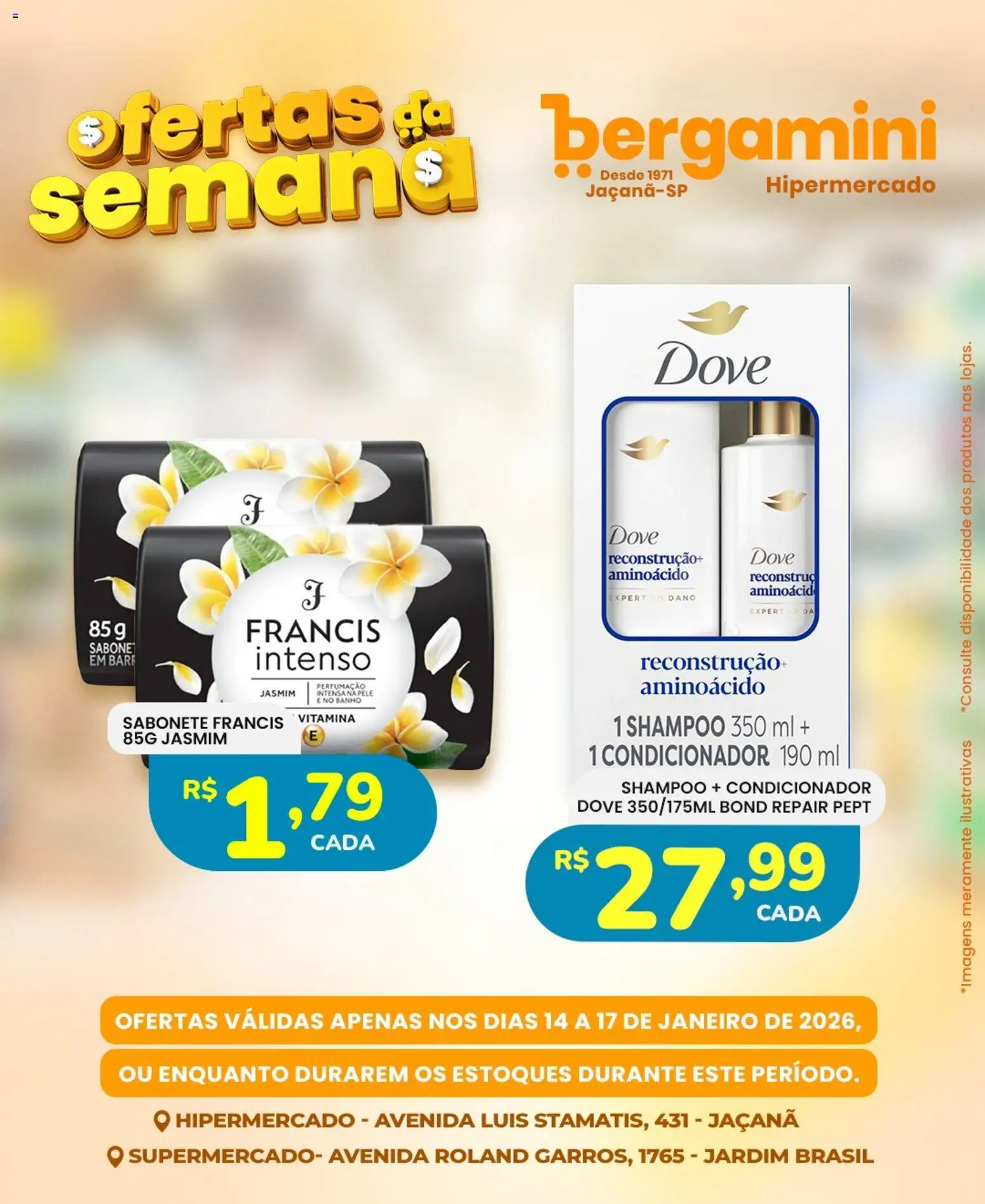 Supermercado Bergamini Folheto - válido de 14.01.2026 | Página: 12 | Produtos: Shampoo, Condicionador, Sabonete, Dove