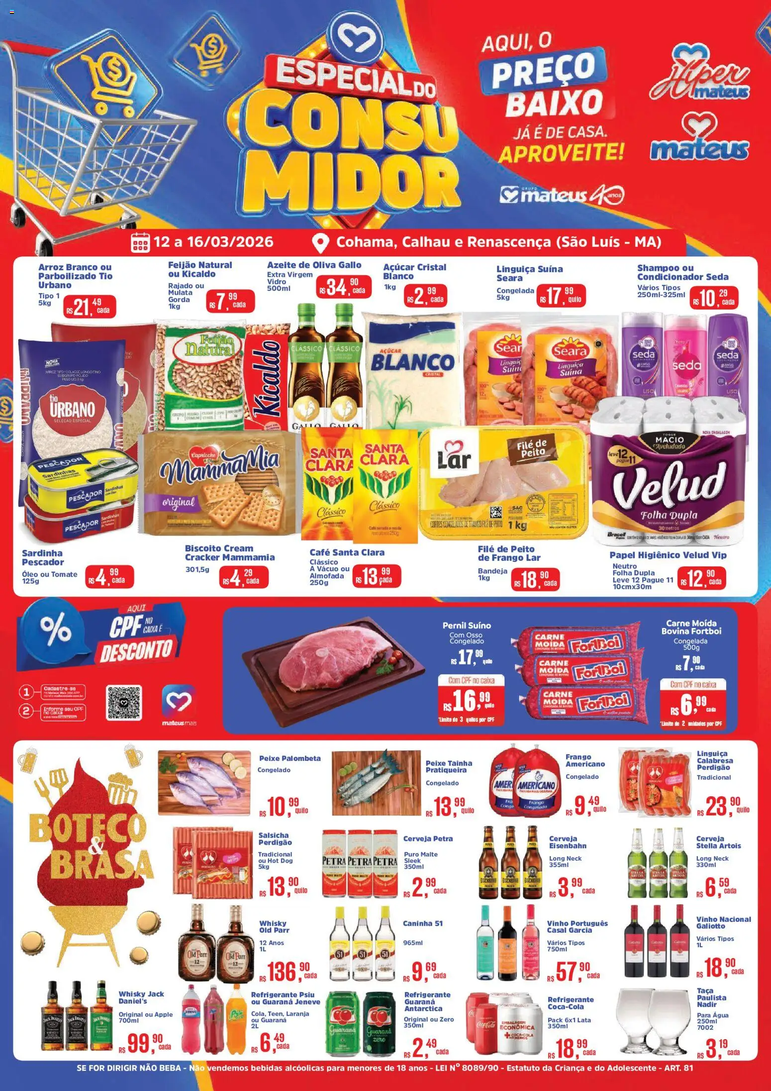 Mateus Folheto - válido de 12.03.2026 | Página: 1 | Produtos: Feijão, Whisky, Linguiça, Baixo