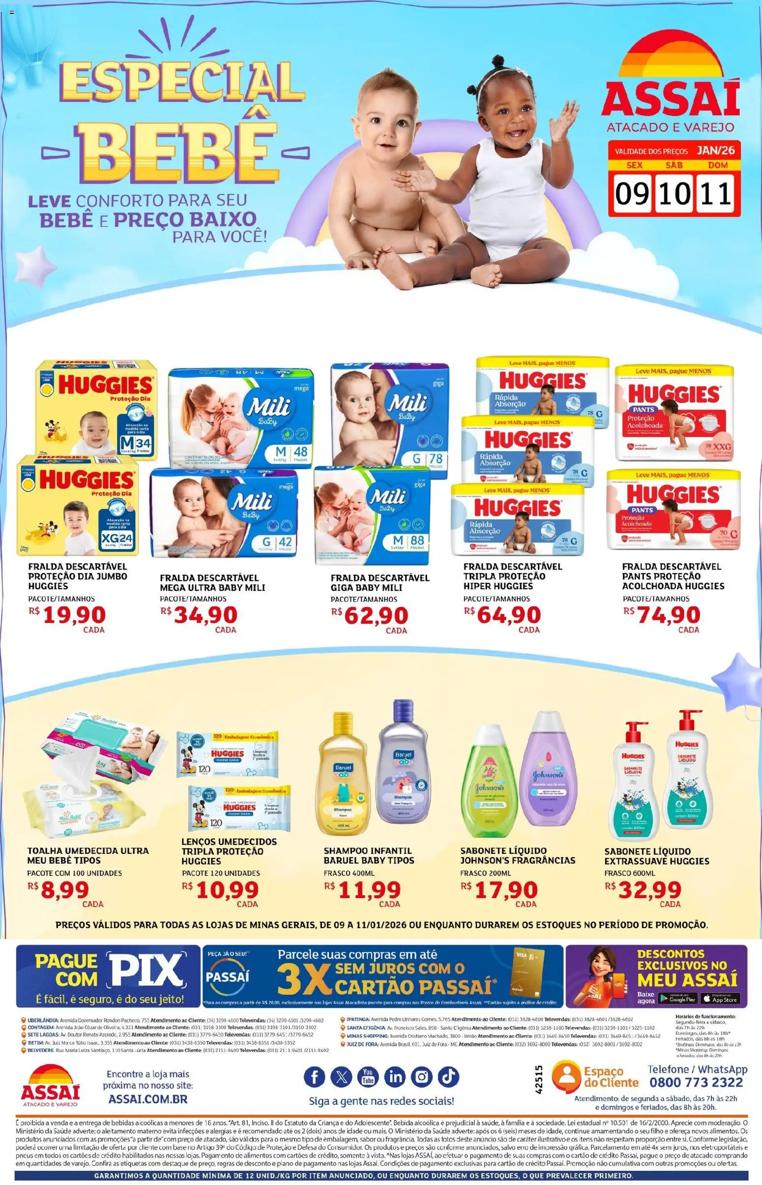 Assaí Atacadista Folheto - válido de 09.01.2026 | Página: 1 | Produtos: Shampoo, Sabonete, Telefone, Toalha umedecida