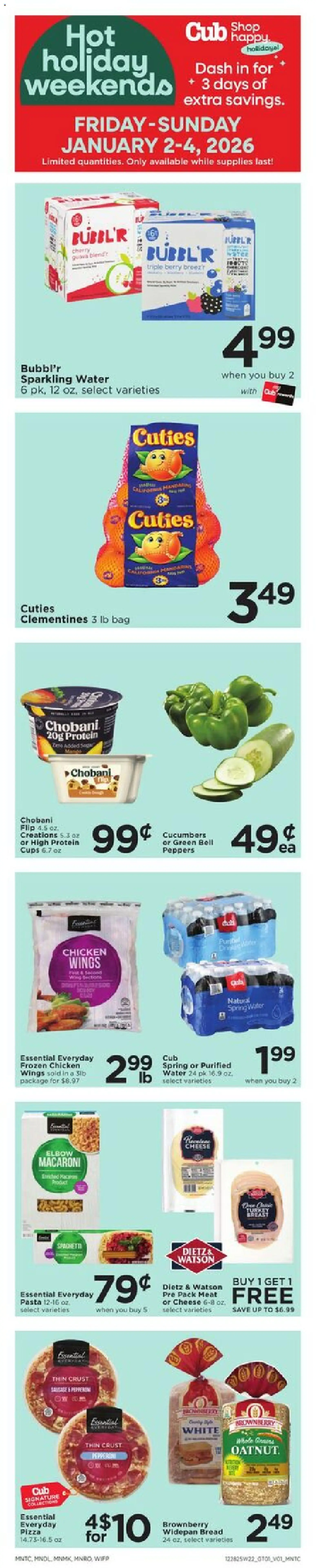 Cub Foods Weekly Ad - valid from 28.12.2025 | Page: 3 | Products: Peppers, Cheese, Cucumbers, Water