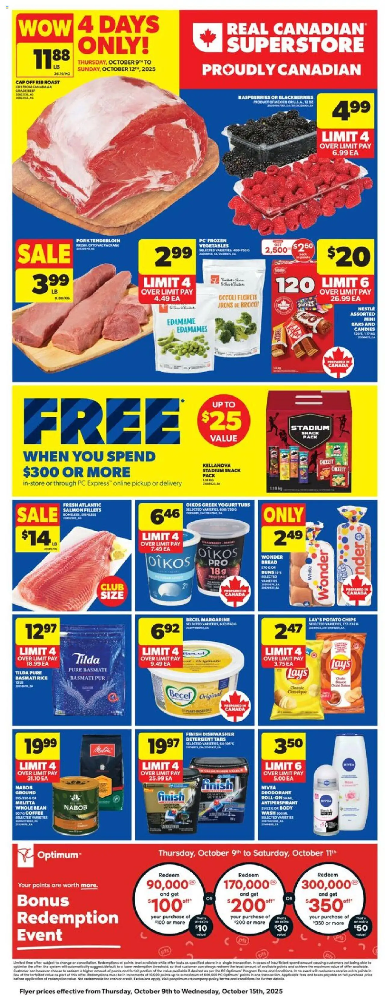 Real Canadian Superstore flyer valid from 09.10.2025 | Page: 4 | Products: Dishwasher, Yogurt, Bread, Pork