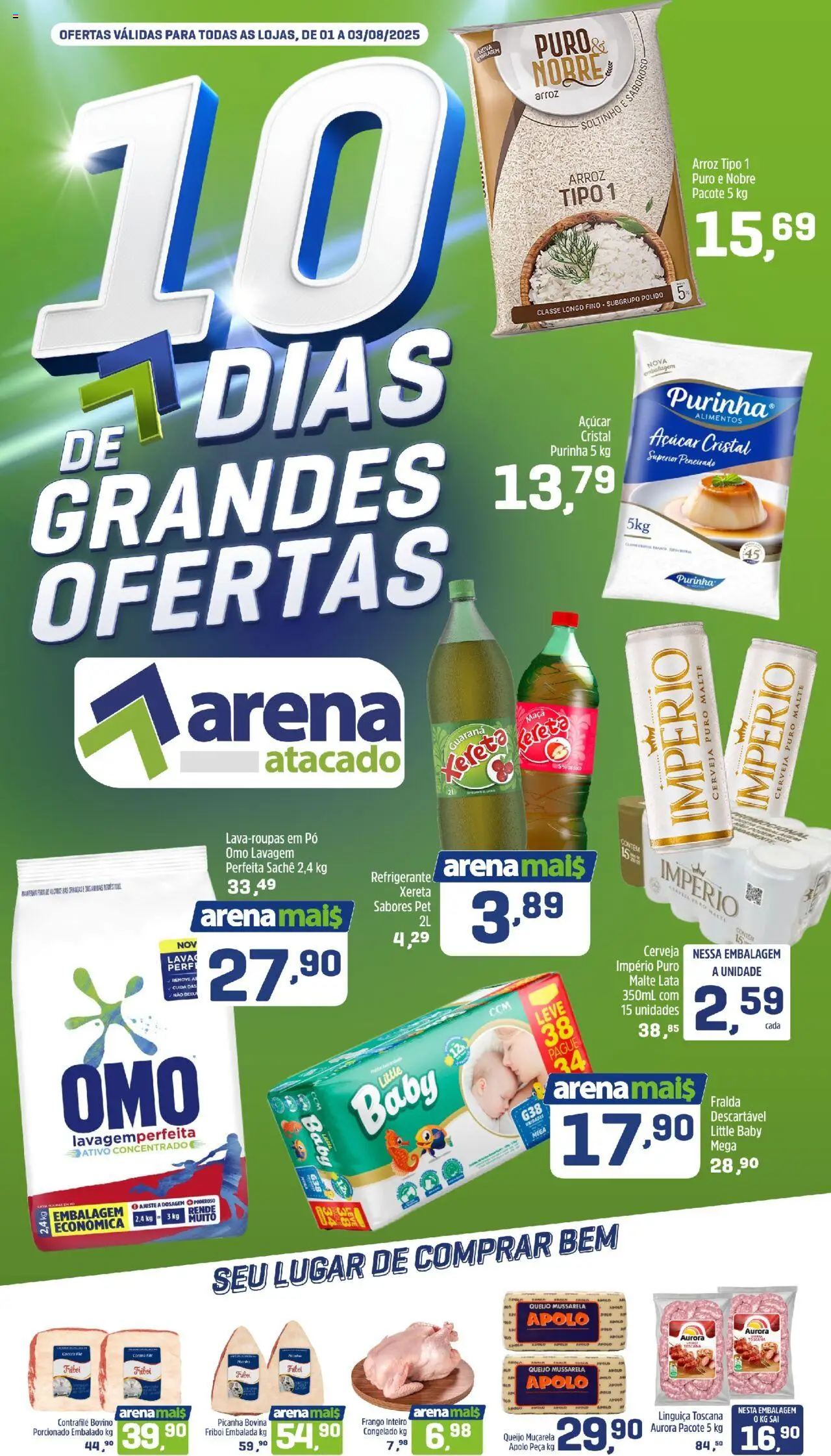 Arena Atacado Folheto - válido de 01.08.2025 | Página: 1 | Produtos: Queijo, Cerveja, Refrigerante, Frango