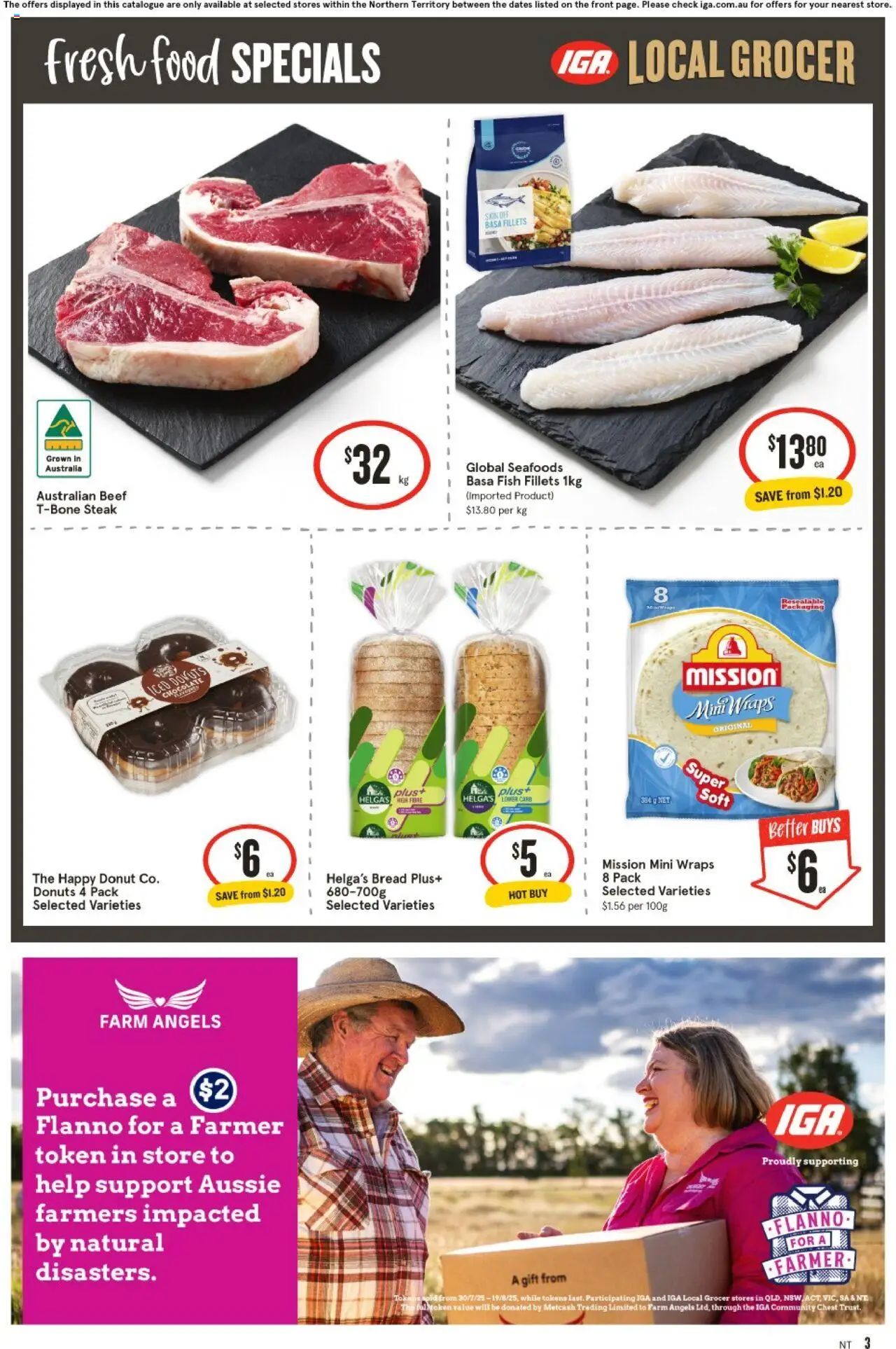 IGA catalogue - valid from 13.08.2025 | Page: 3 | Products: Donuts, Bread, Beef, Steak