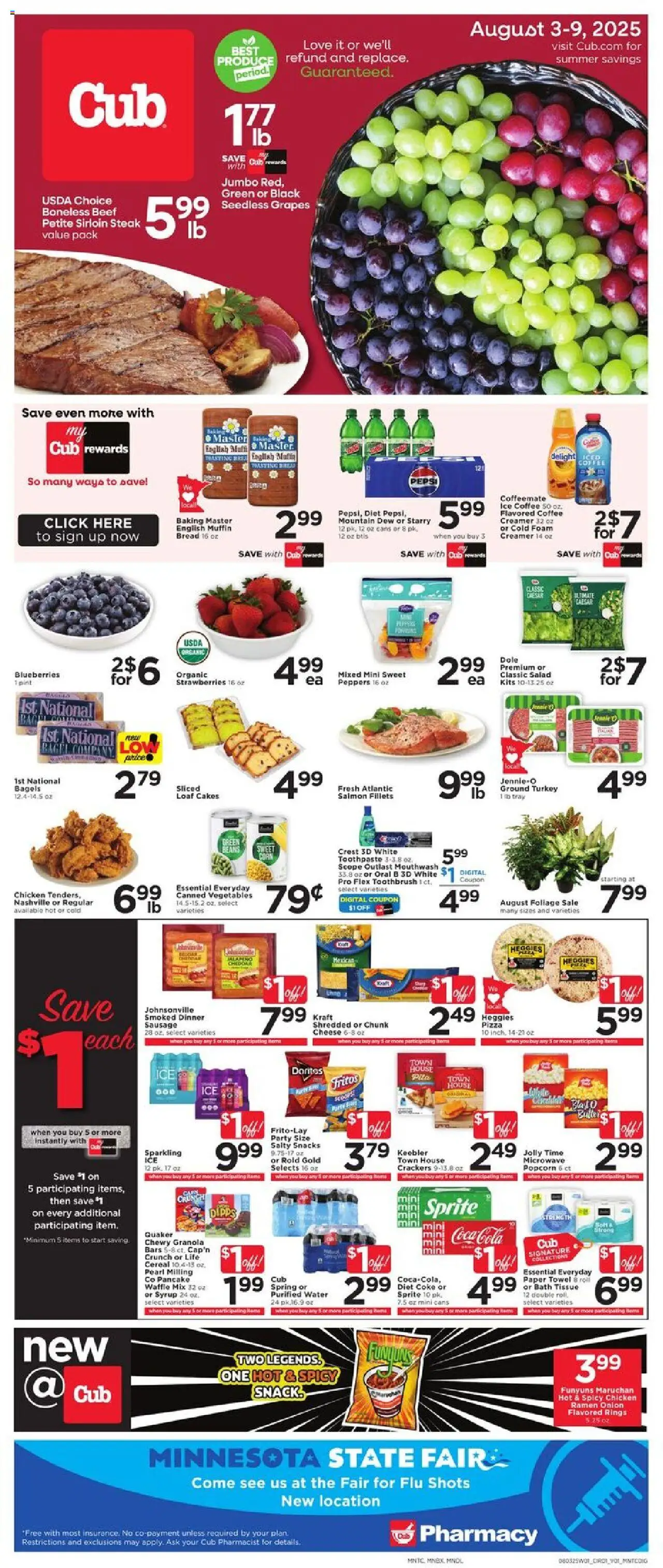 Cub Foods Weekly Ad - valid from 03.08.2025 | Page: 1 | Products: Peppers, Beef, Sausage, Grapes