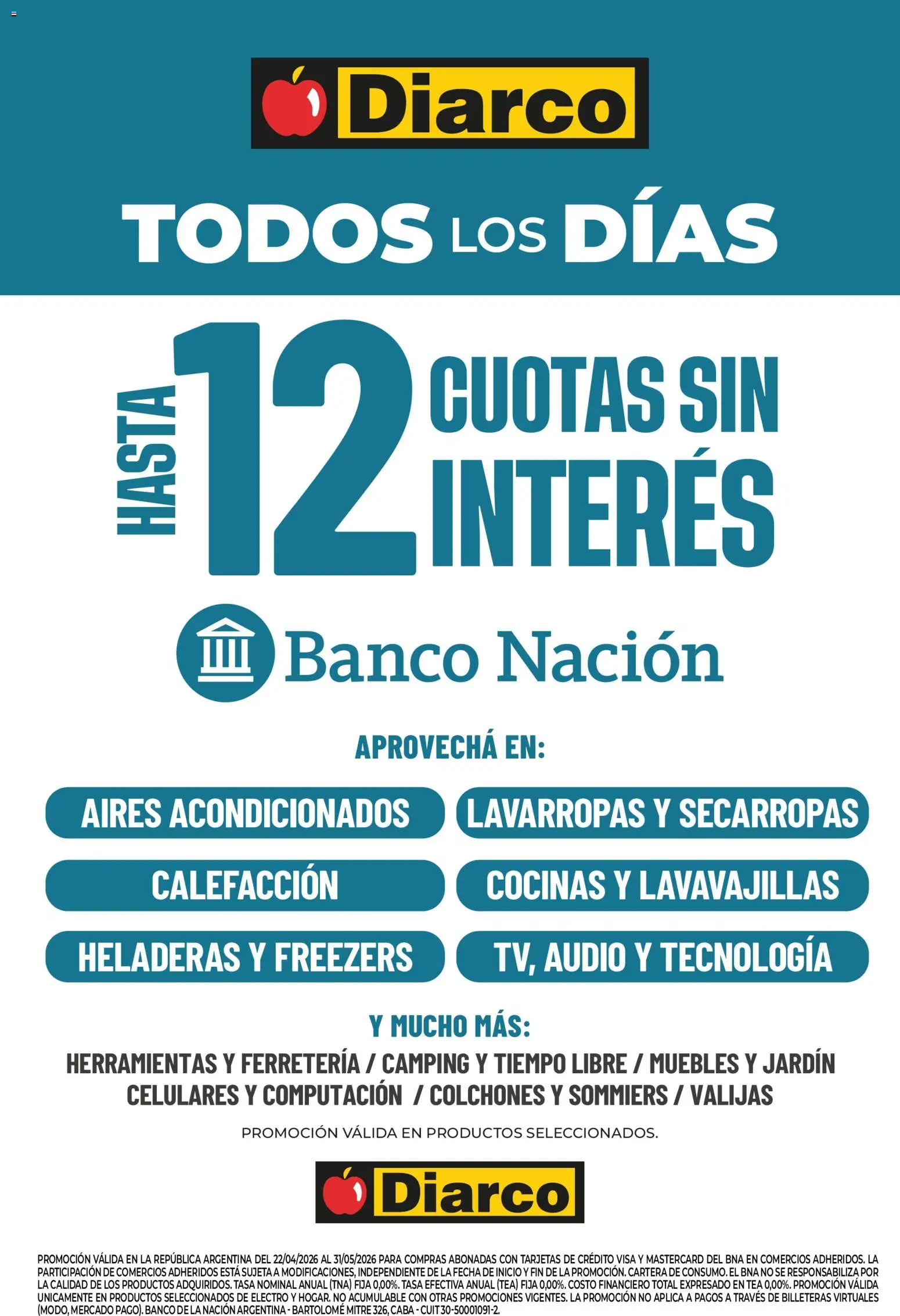 Diarco - 12 Cuotas Nación │ válido desde el 22.04.2026 | Página: 1 | Productos: Audio, Lavavajillas, Banco, Lavarropas