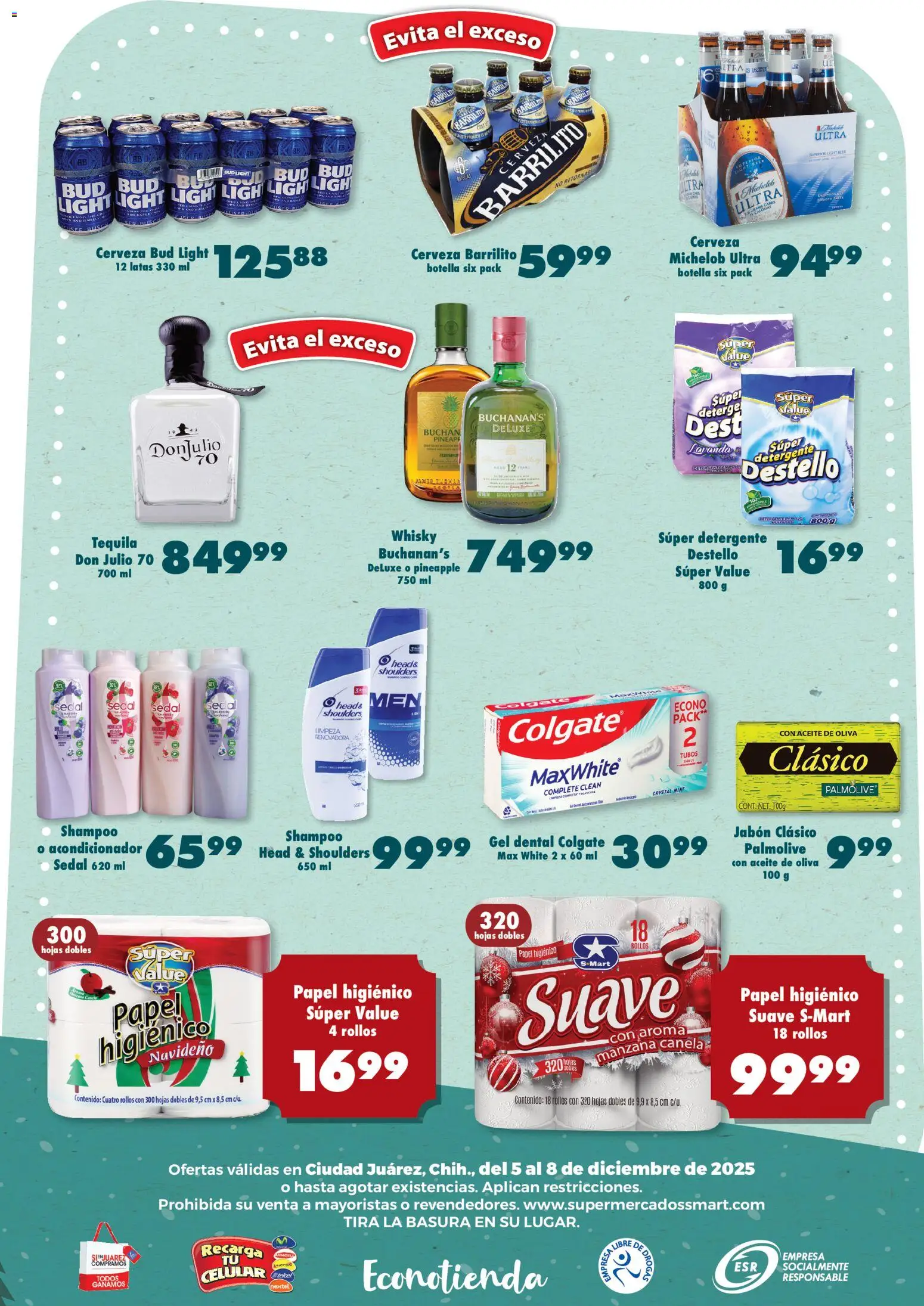 Nuevas ofertas de S-Mart válidas en toda la República Mexicana desde el 05.12.2025. ¡Encuentra las mejores ofertas en S-Mart folleto Juárez! | Página: 6 | Productos: Detergente, Cerveza, Whisky, Acondicionador