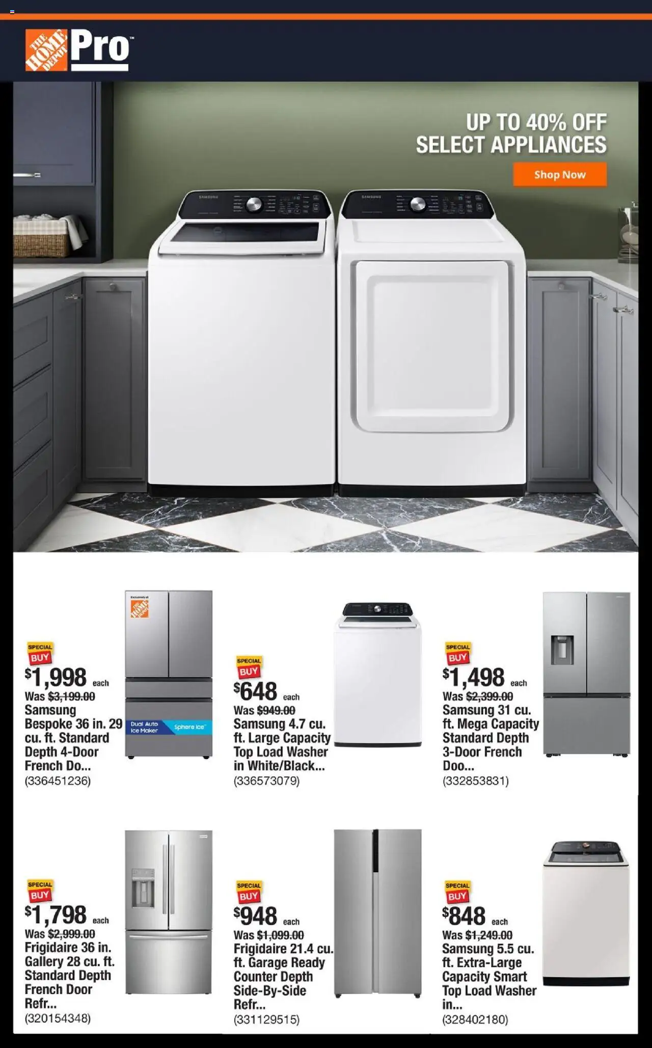 Home Depot Shop Pro Ad - FL - valid from 13.10.2025 | Page: 1 | Products: Washer, Ice Maker