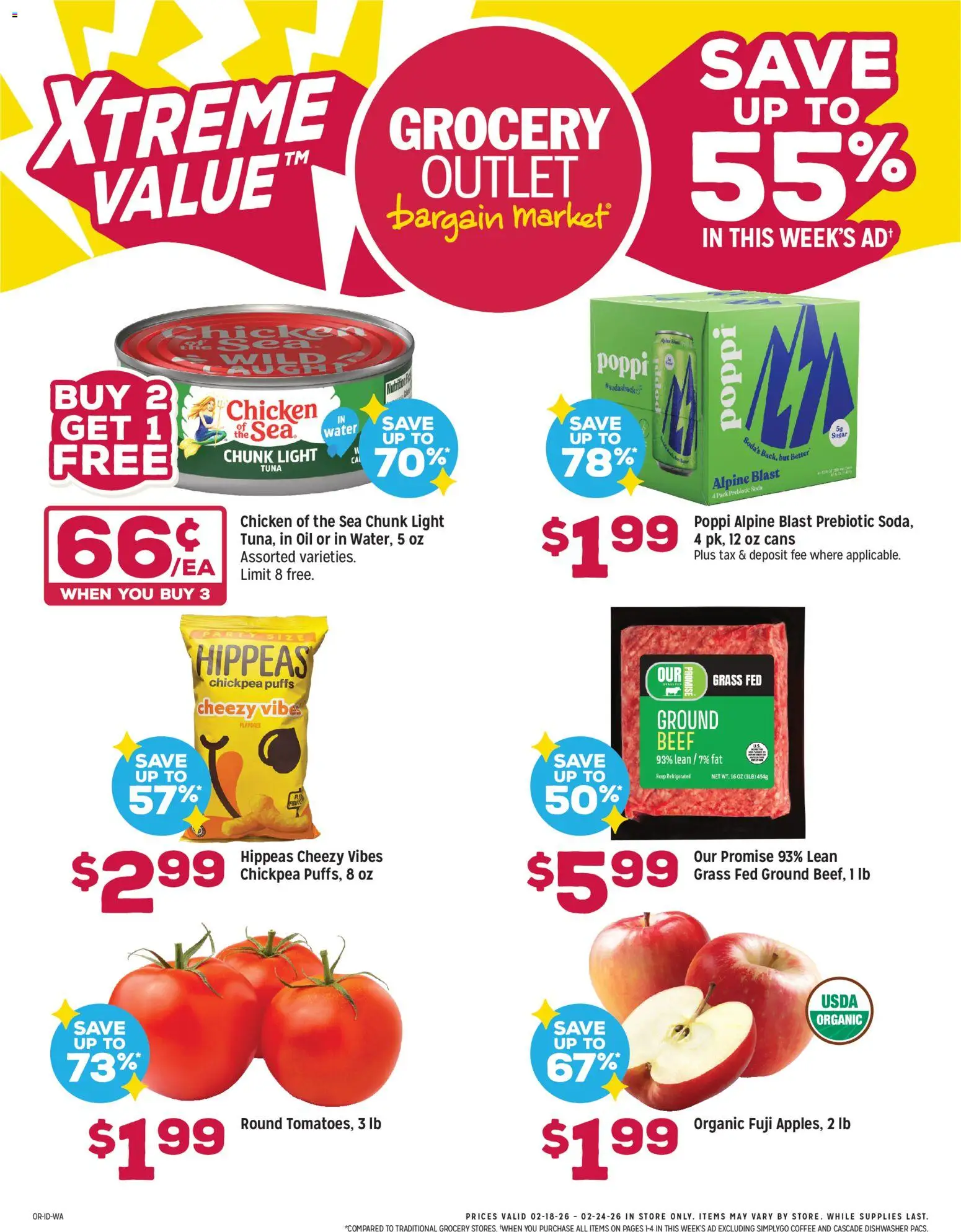 Grocery Outlet Weekly Ad - ID - valid from 18.02.2026 | Page: 1 | Products: Oil, Beef, Water, Sugar