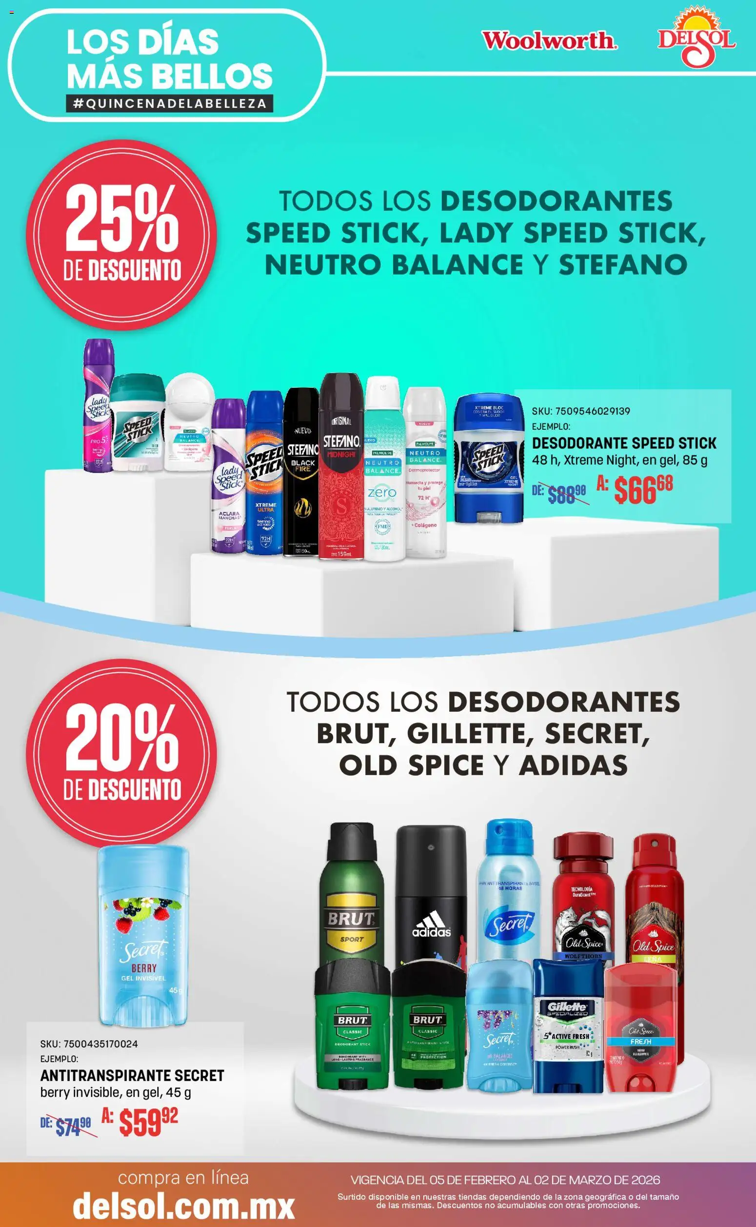 Nuevas ofertas de Del Sol y Woolworth válidas en toda la República Mexicana desde el 05.02.2026. ¡Encuentra las mejores ofertas en Del Sol y Woolworth catálogo! | Página: 11 | Productos: Desodorante, Antitranspirante, Termo