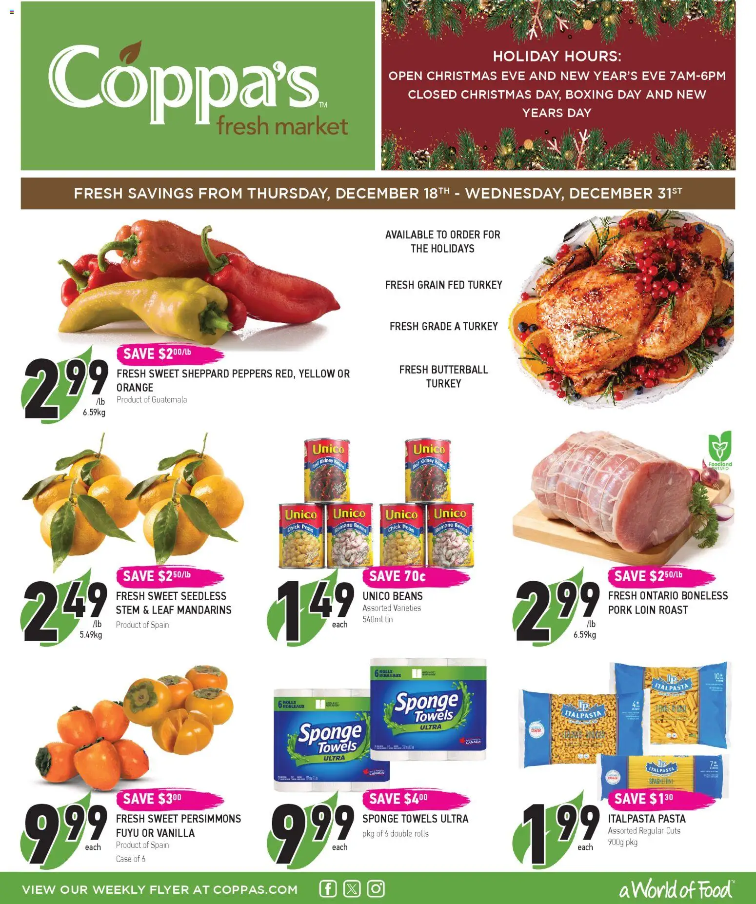 Coppas Fresh Market flyer valid from 18.12.2025 | Page: 1 | Products: Pasta, Turkey, Case, Sponge