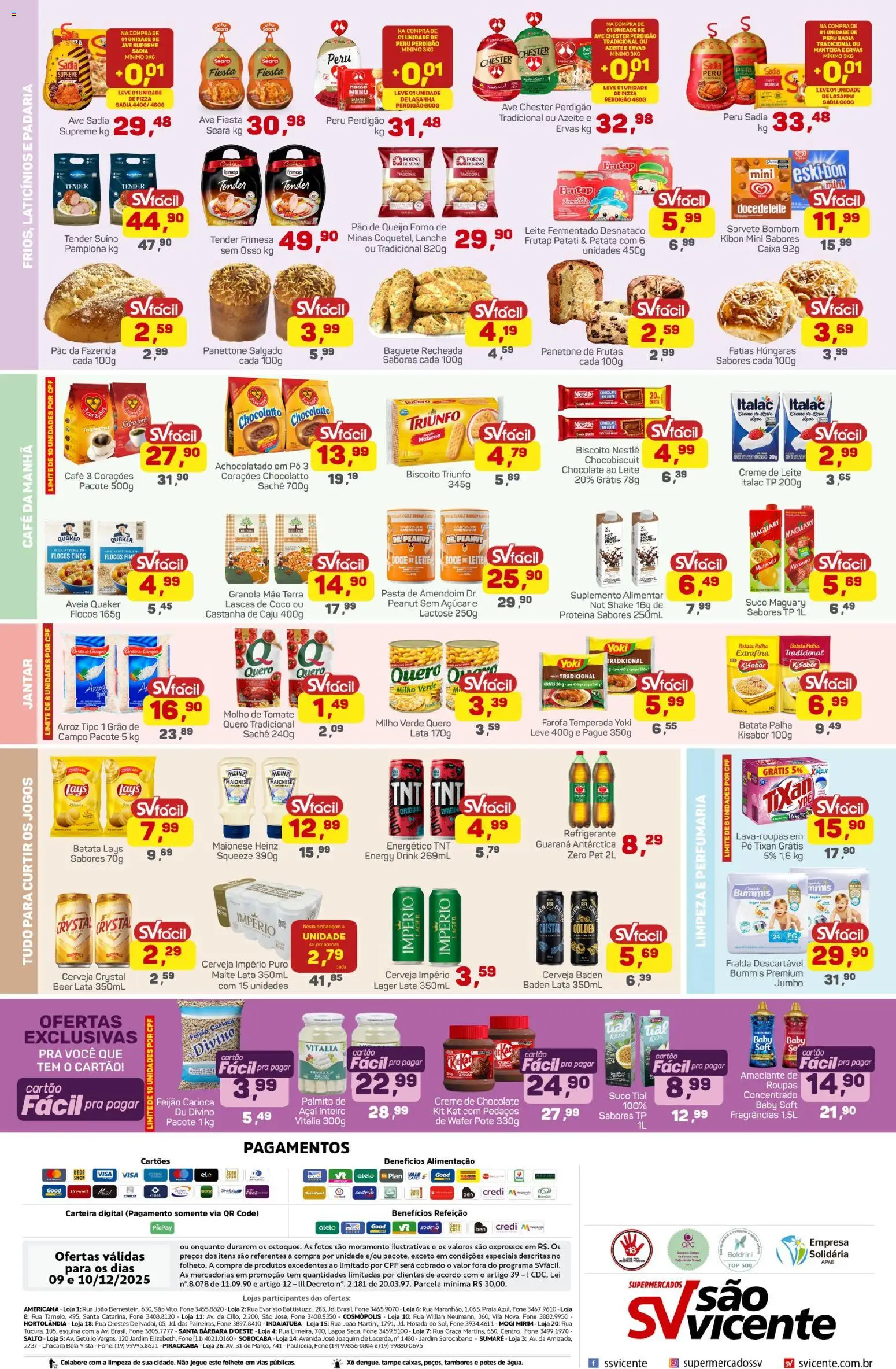 Supermercados São Vicente Folheto - válido de 09.12.2025 | Página: 2 | Produtos: Leite, Pizza, Creme de leite, Maionese