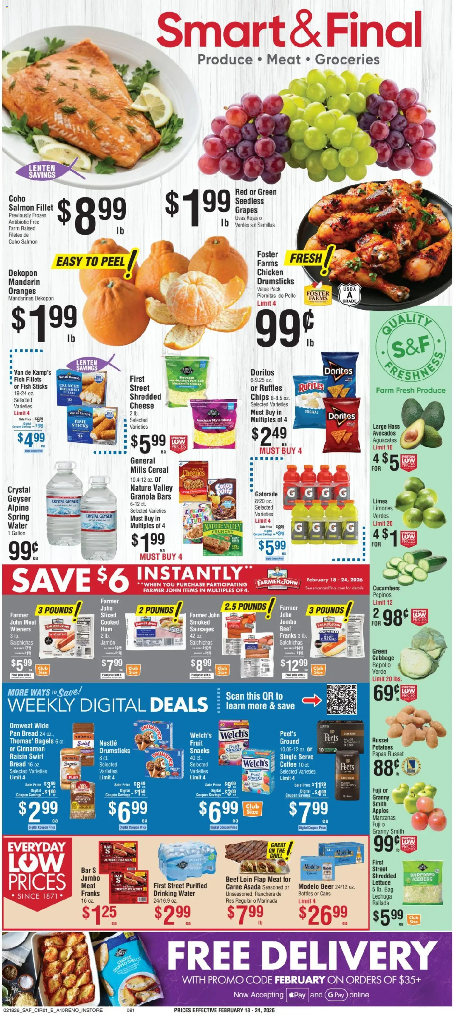 Smart & Final Weekly Ad - valid from 18.02.2026 | Page: 1 | Products: Bread, Apples, Oranges, Grapes