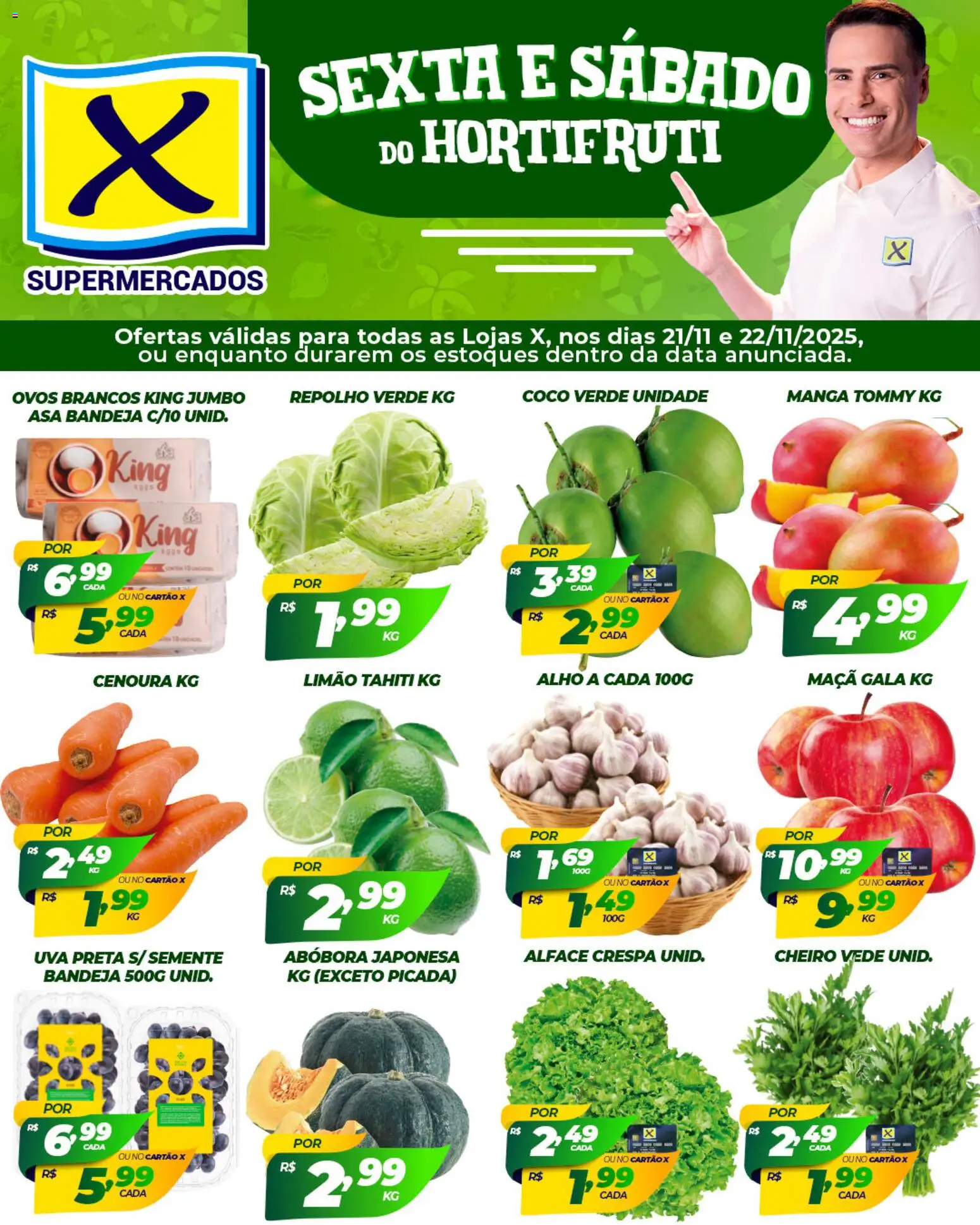 X Supermercados Folheto - válido de 21.11.2025 | Página: 1 | Produtos: Abóbora, Alho, Ovos, Alface