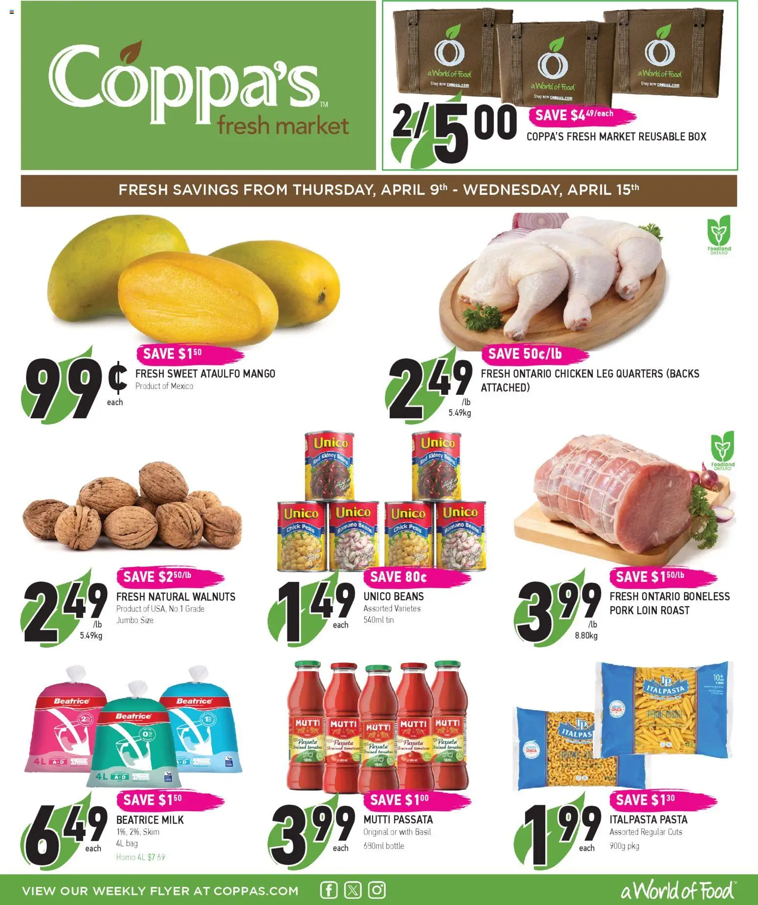 Coppas Fresh Market flyer valid from 09.04.2026 | Page: 1 | Products: Pasta, Bag, Milk, Chicken