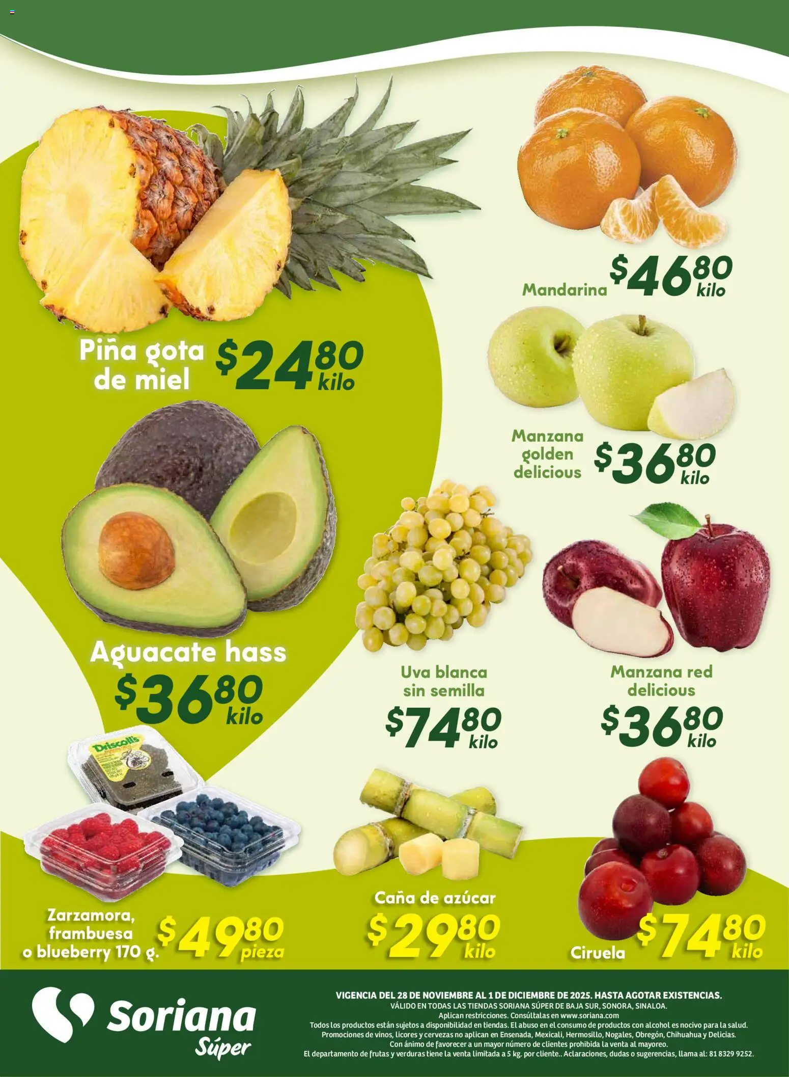 Nuevas ofertas de Soriana válidas en toda la República Mexicana desde el 28.11.2025. ¡Encuentra las mejores ofertas en Soriana - Fin de Semana Súper: BCS, Son y Sin! | Página: 8 | Productos: Azúcar, Manzana, Aguacate, Piña