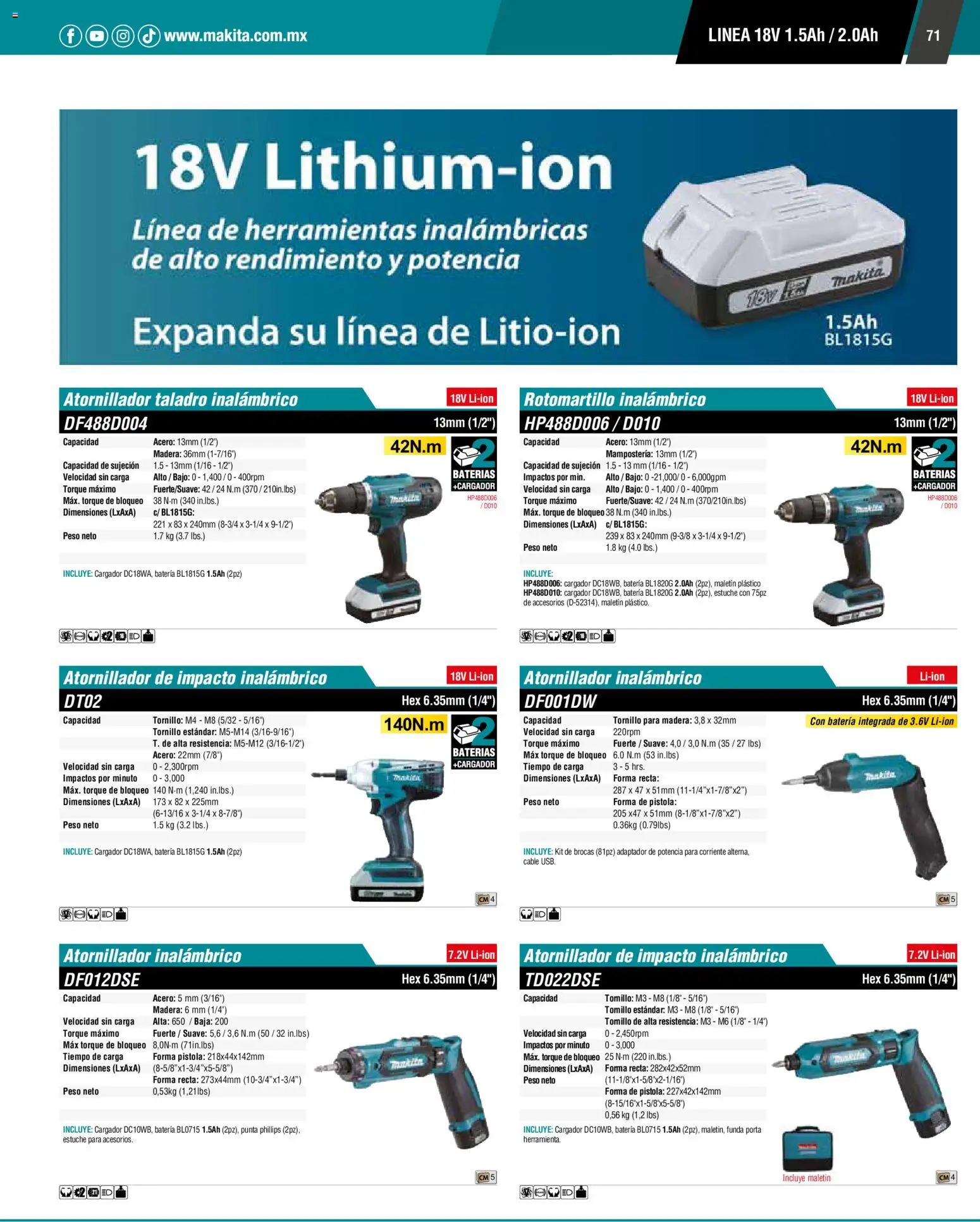 Nuevas ofertas de Makita válidas en toda la República Mexicana desde el 01.01.2024. ¡Encuentra las mejores ofertas en Makita catálogo General! | Página: 71 | Productos: Tornillo, Estuche, Cargador, Cable