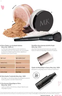 Vista previa de Papelillos Absorbentes de Brillo Facial Mary Kay, Absorben instantáneamente el exceso de brillo facial, sin dañar el maquillaje. Contiene 75 piezas., nuevo folleto de la tienda, válido en México a partir del 01.01.2026 | Página: 65 | Productos: Fijador, Brillo, Maquillaje, Polvo