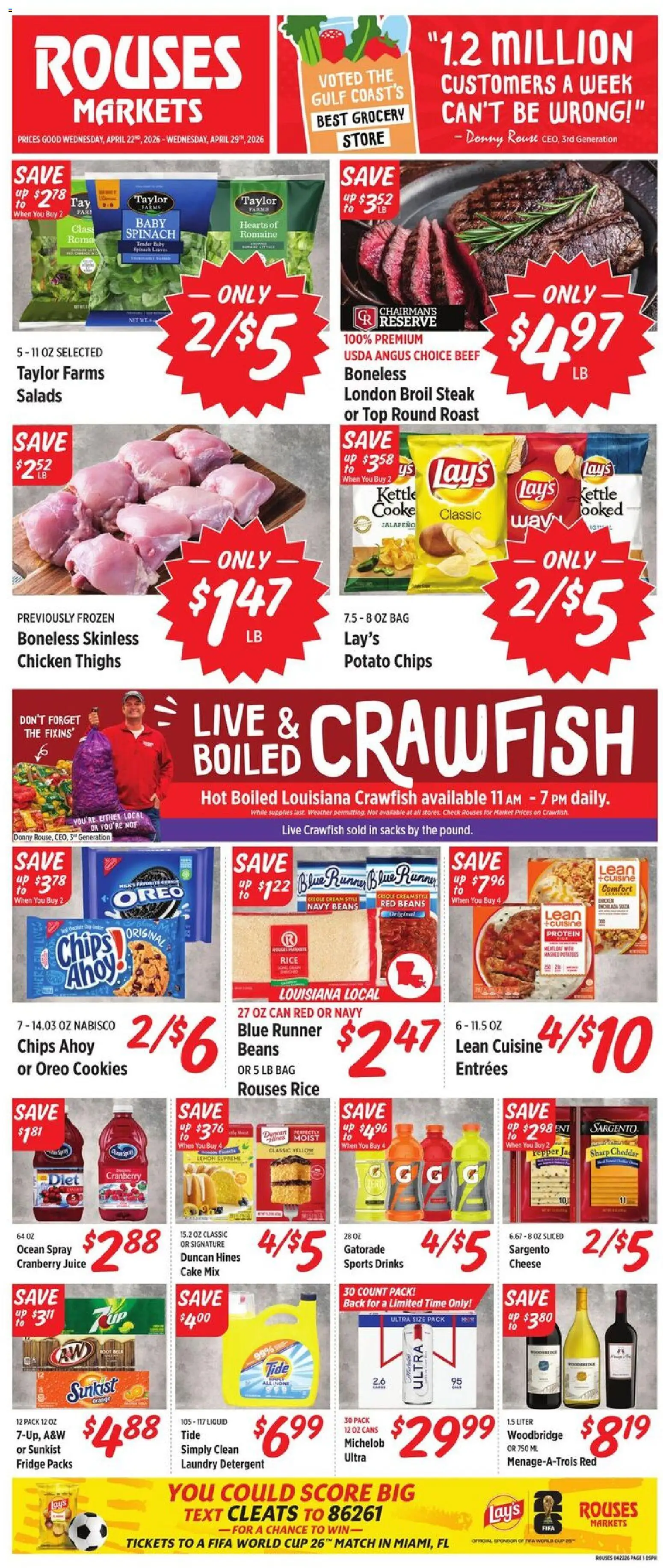 Rouses Weekly Ad - LA - valid from 22.04.2026 | Page: 1 | Products: Spinach, Beef, Chips, Kettle