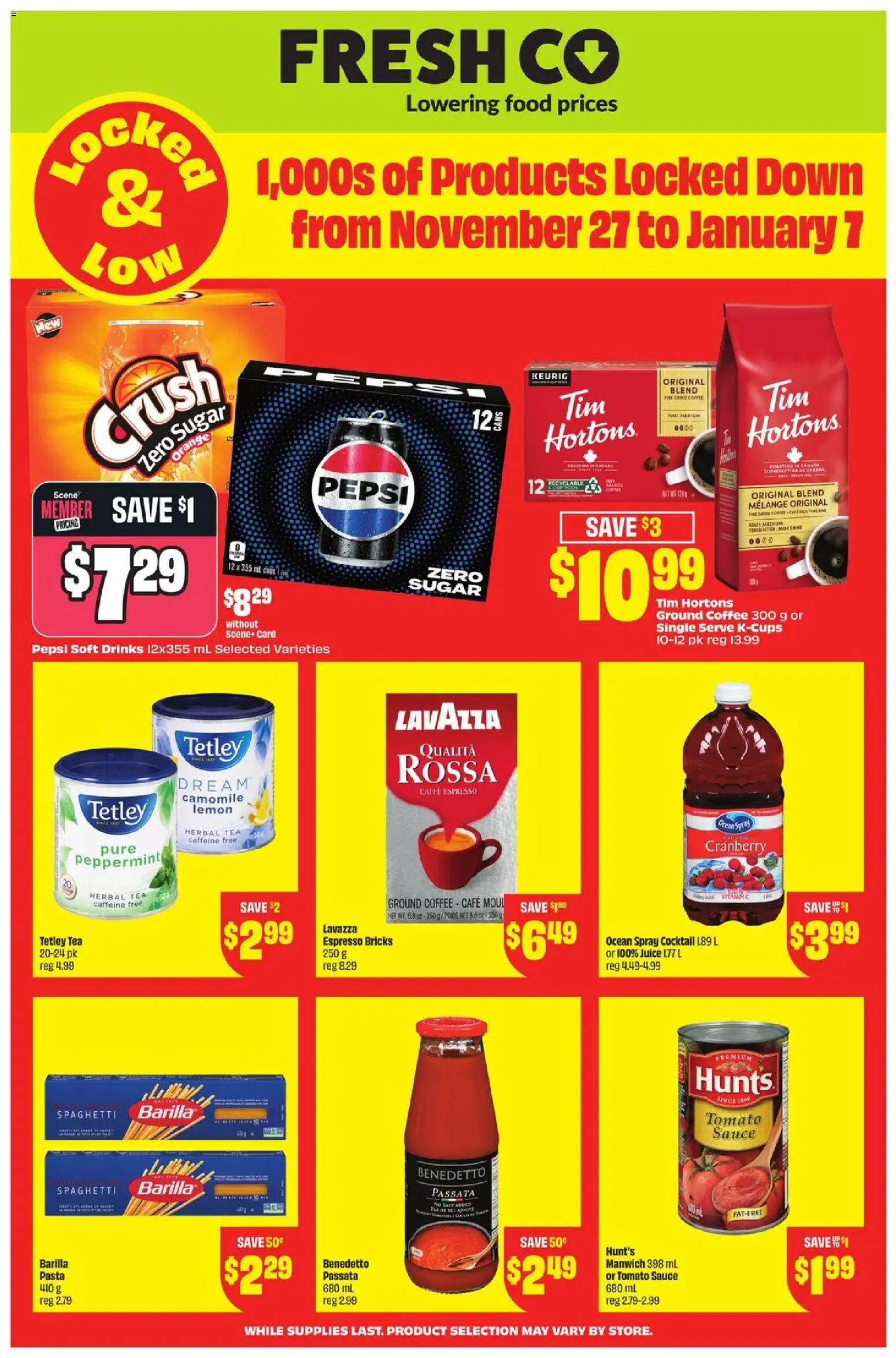 FreshCo flyer valid from 27.11.2025 | Page: 1 | Products: Tea, Pasta, Coffee, Juice