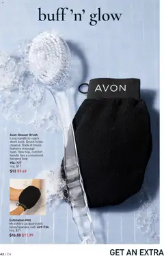 Preview of Avon Shower Brush, Long handle to reach down back. Brush helps cleanse. Back of brush features massage nubs. Non-slip, comfort handle has a convenient hanging loop. from shop Avon valid from 12.02.2026 | Page: 42