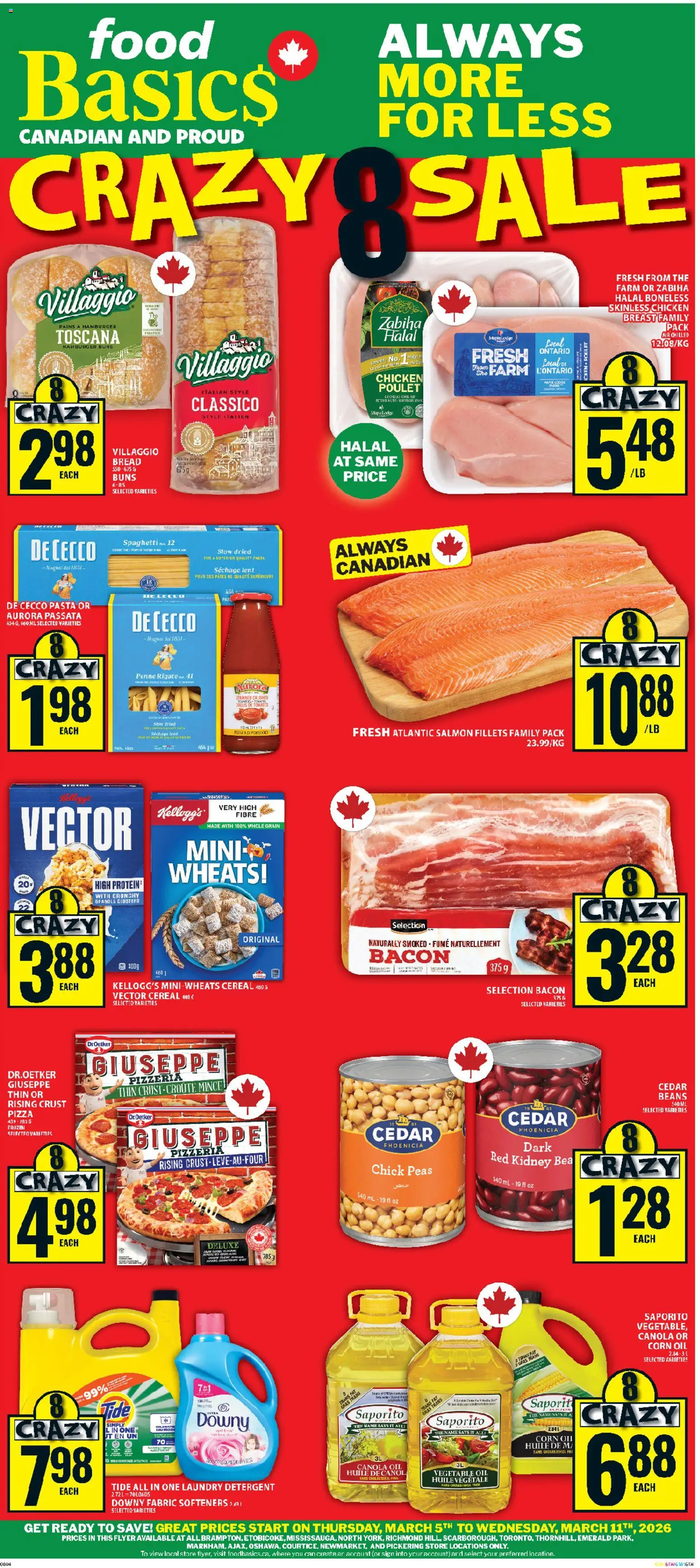 Food Basics flyer valid from 05.03.2026 | Page: 1 | Products: Pasta, Oil, Bread, Pizza
