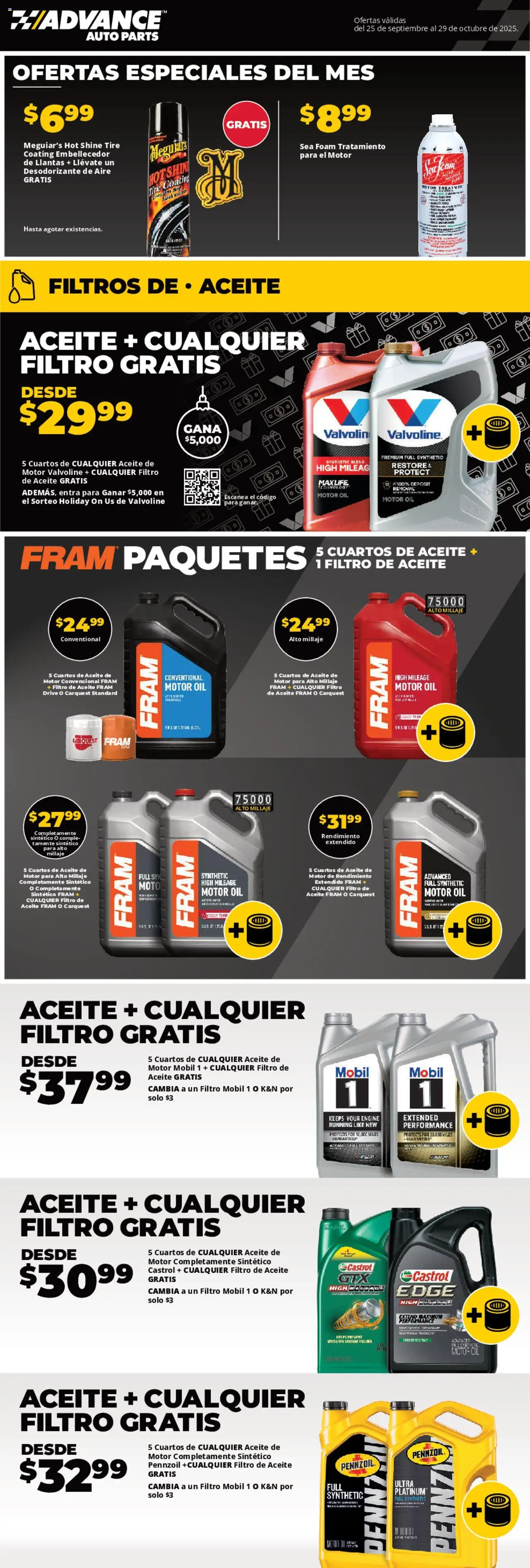 Advance Auto Parts Sales Ad - Spanish - valid from 25.09.2025 | Page: 1 | Products: Tire, Oil, Motor Oil