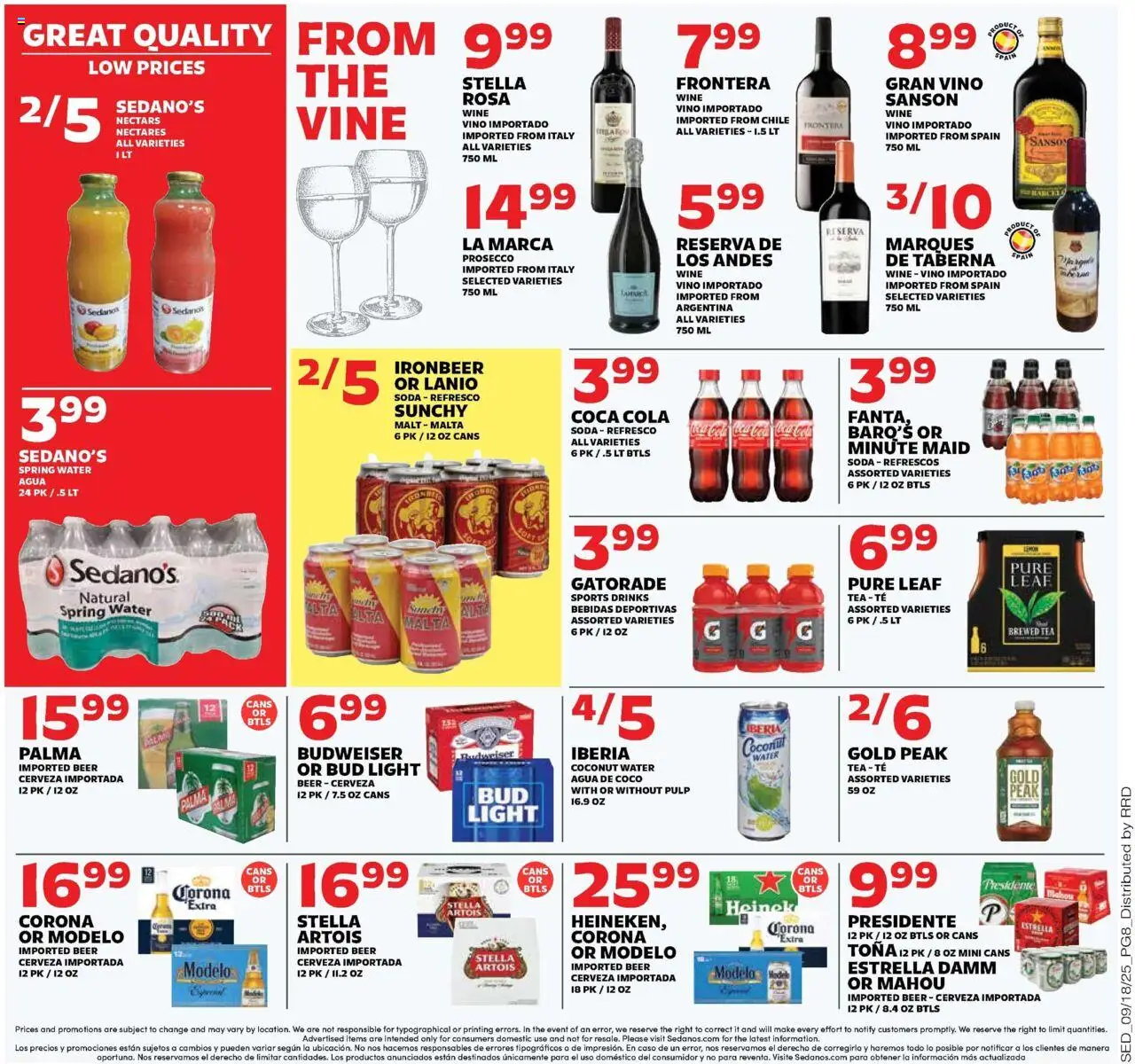 Sedano's Weekly Ad - valid from 17.09.2025 | Page: 8 | Products: Wine, Beer, Tea, Water