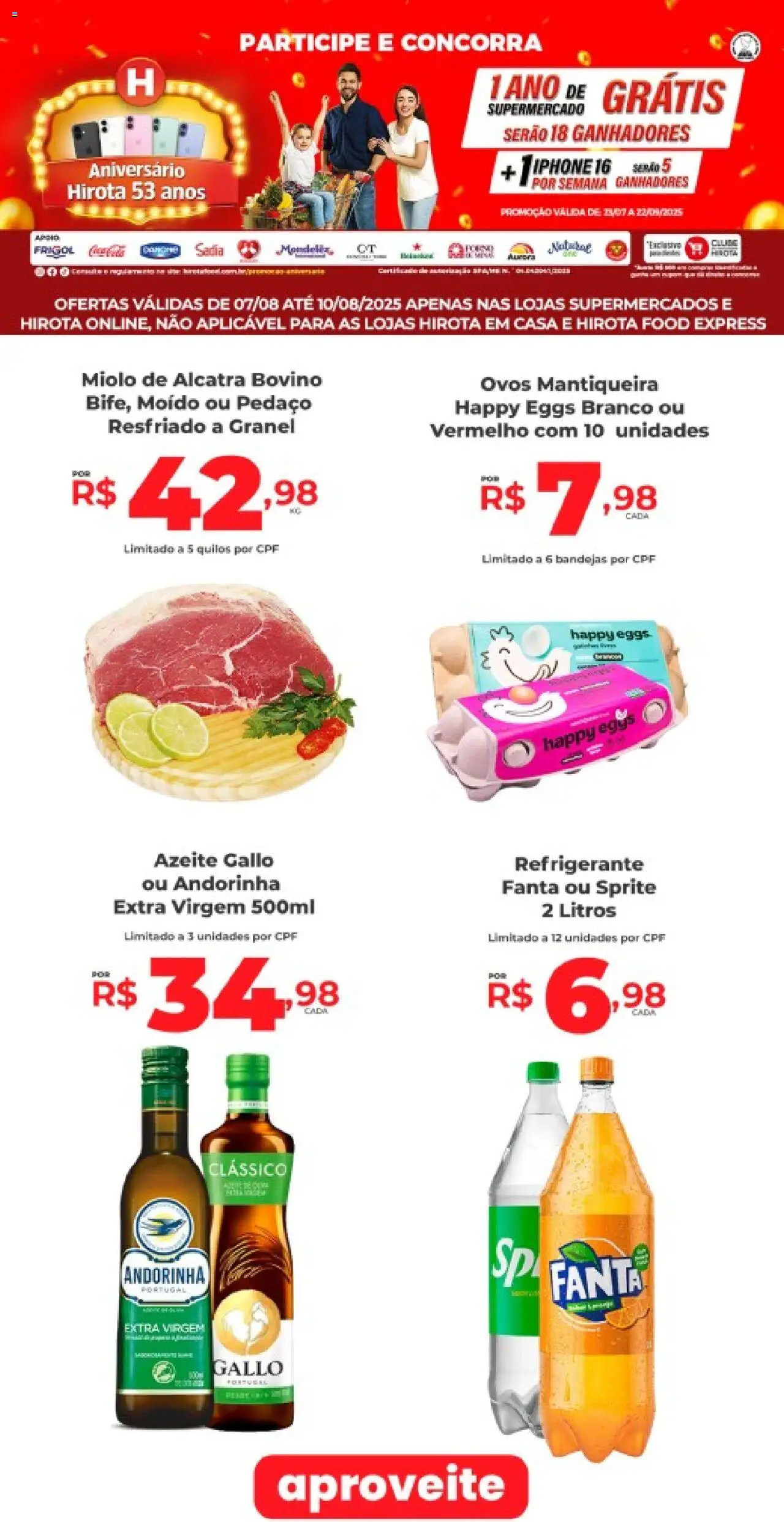 Hirota Food Folheto - válido de 07.08.2025 | Página: 1 | Produtos: Iphone, Ovos, Refrigerante, Azeite