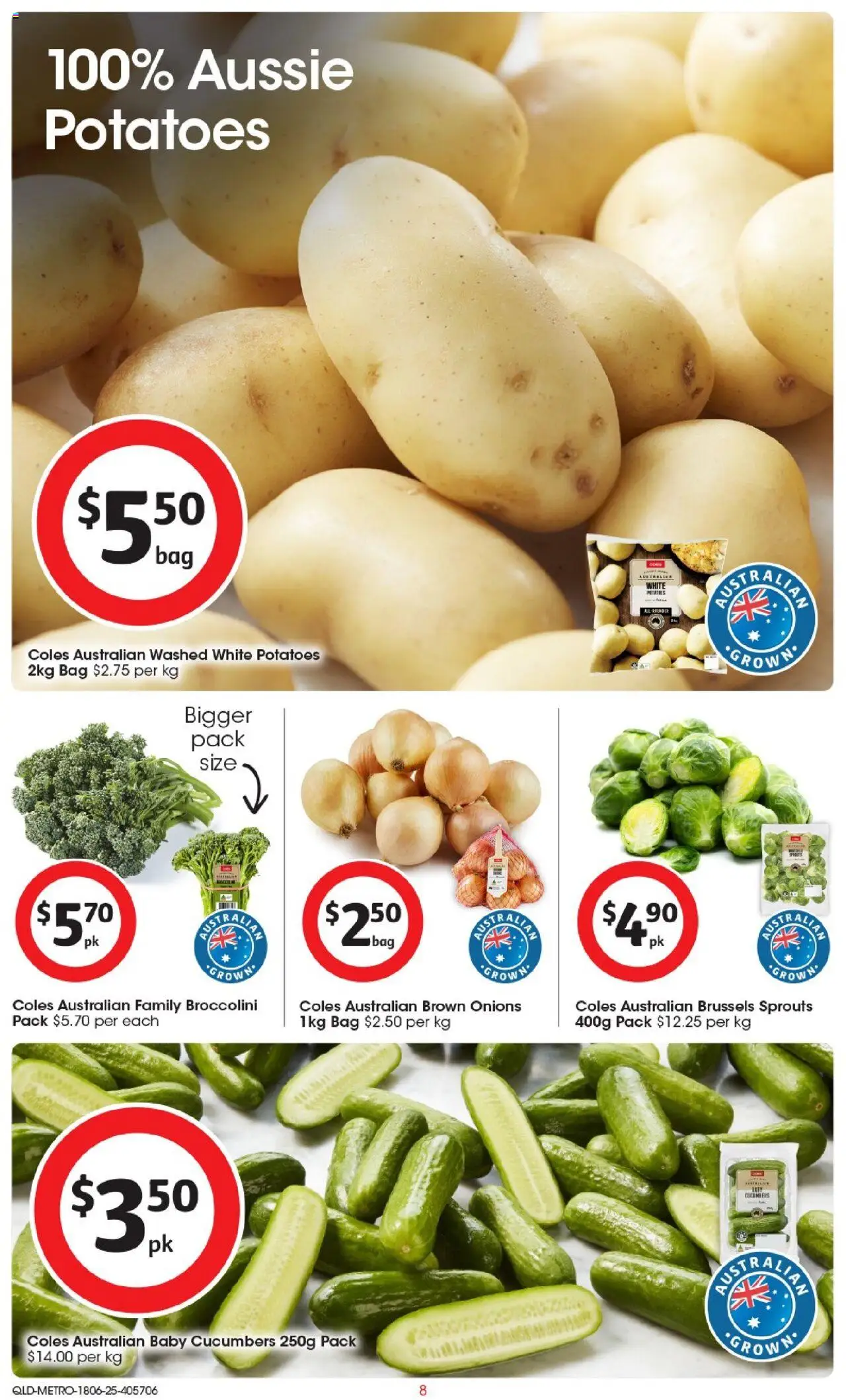 Coles catalogue - valid from 18.06.2025 | Page: 8 | Products: Cucumbers, Potatoes, Onions, Bag
