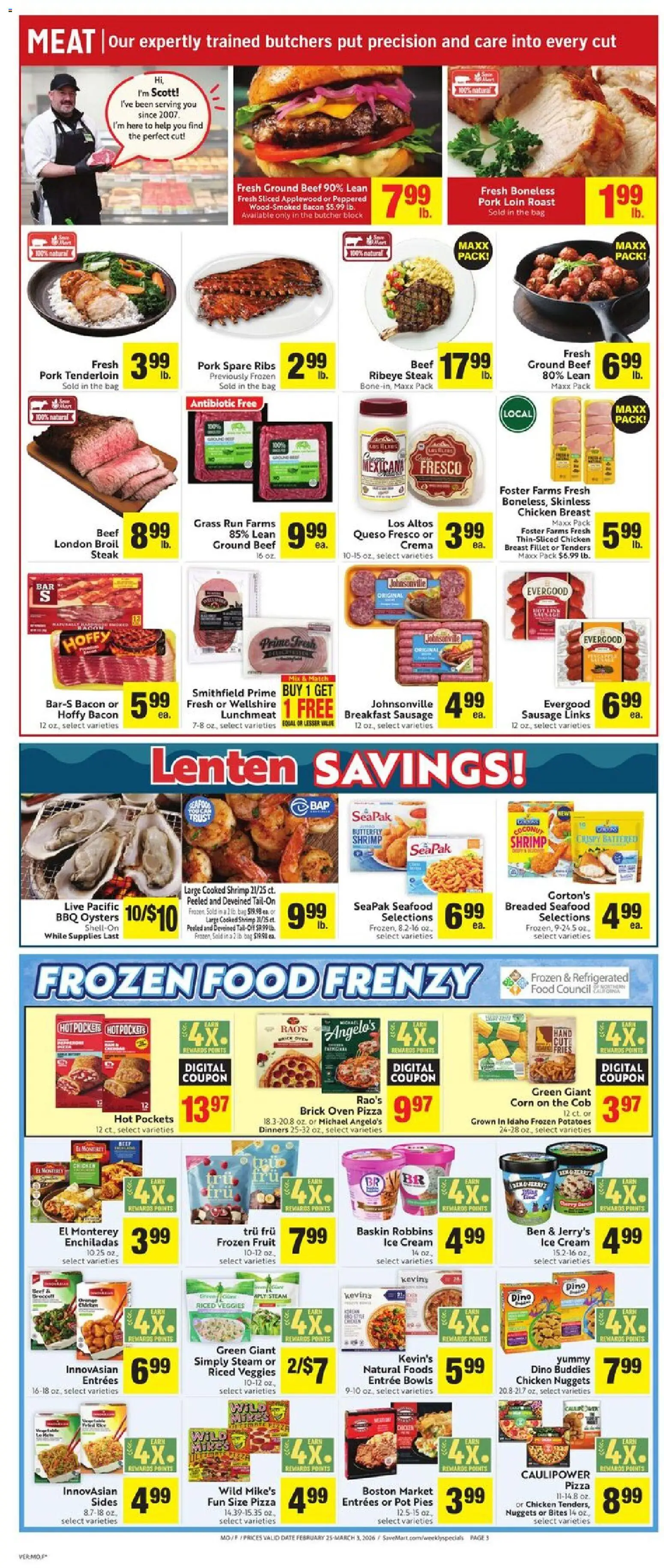 Save Mart Weekly Ad - valid from 25.02.2026 | Page: 3 | Products: Pizza, Ice cream, Potatoes, Seafood