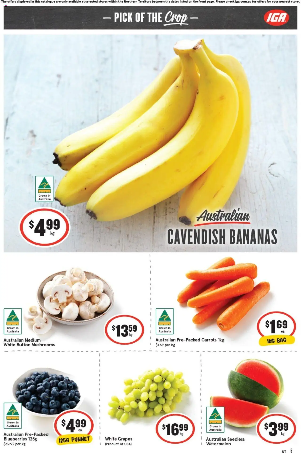 IGA catalogue - valid from 08.10.2025 | Page: 5 | Products: Mushrooms, Carrots, Watermelon, Grapes