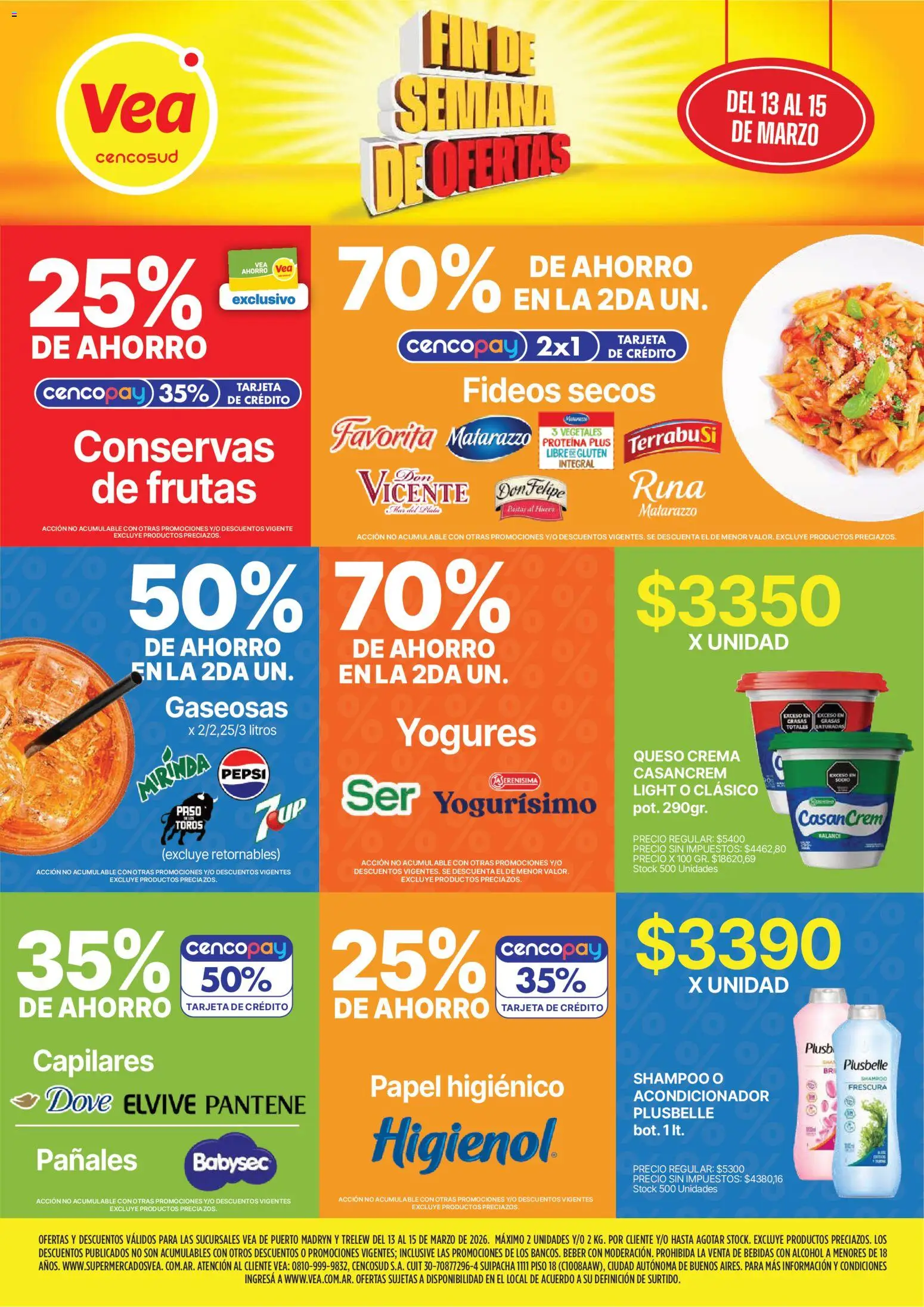 Vea - Ofertas fds Chubut │ válido desde el 13.03.2026 | Página: 1 | Productos: Papel higiénico, Queso, Fideos, Pañales