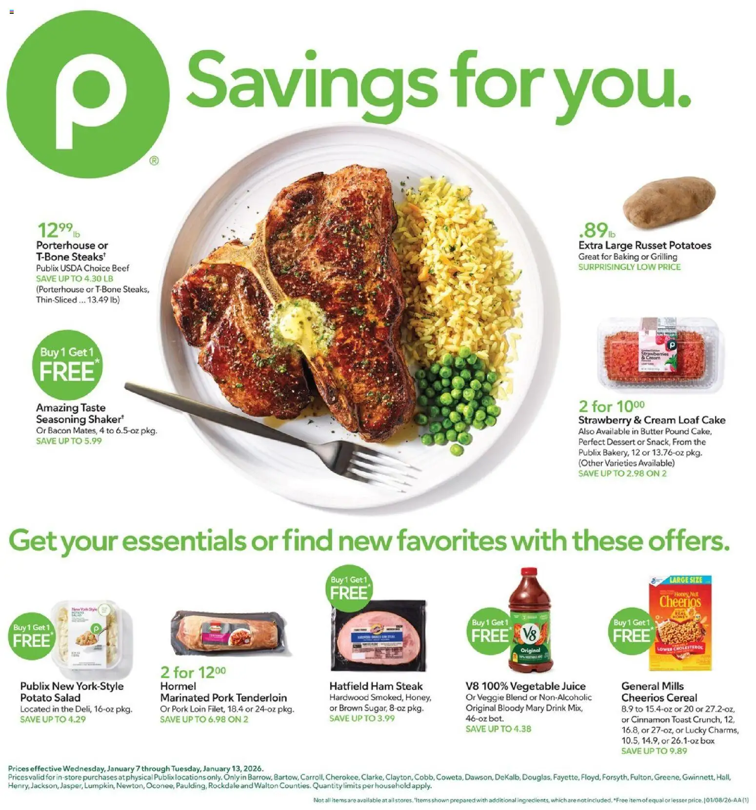 Publix Weekly Ad - valid from 07.01.2026 | Page: 1 | Products: Ham, Pork, Beef, Potatoes