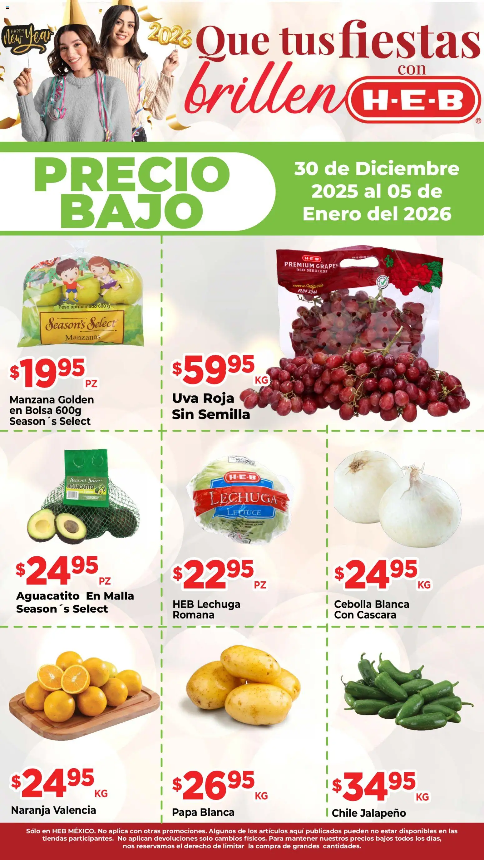 Nuevas ofertas de H-E-B válidas en toda la República Mexicana desde el 30.12.2025. ¡Encuentra las mejores ofertas en H-E-B folleto Precio Bajo! | Página: 1 | Productos: Cebolla, Manzana, Uva, Malla