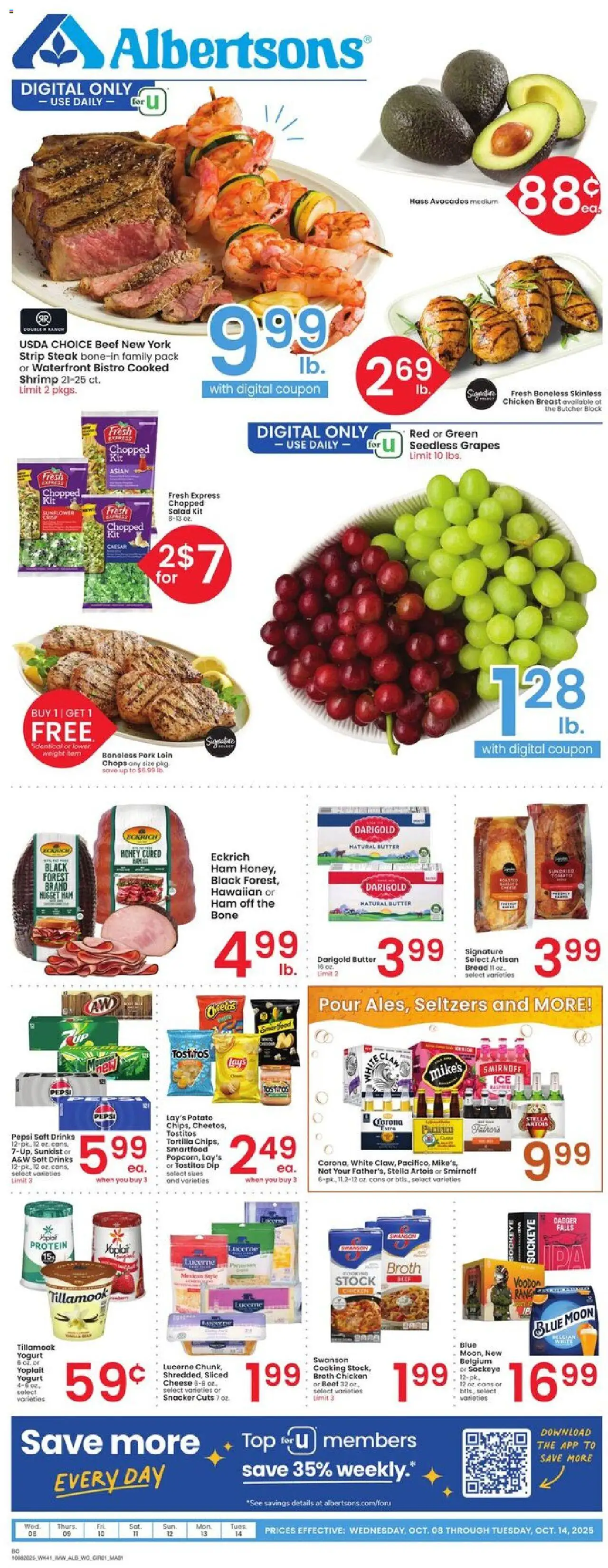 Albertsons Weekly Ad - valid from 08.10.2025 | Page: 1 | Products: Cheese, Salad, Grapes, Weight